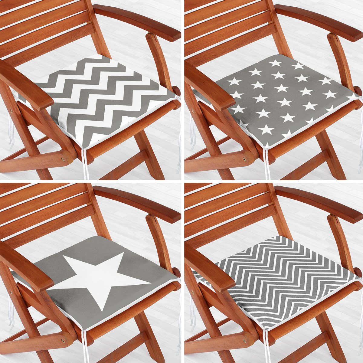4'lü Gri Zigzag ve Yıldız Motifli Fermuarlı Sandalye Minderi Seti Realhomes