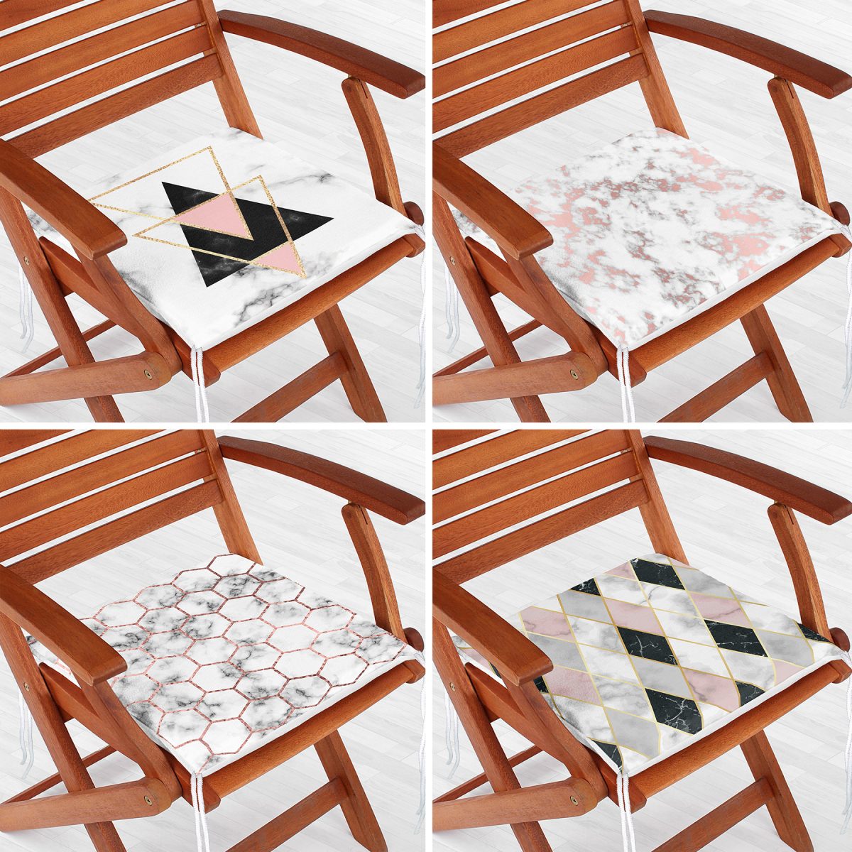 4'lü Mermer Zeminli Geometrik Desen Motifli Fermuarlı Sandalye Minderi Seti Realhomes