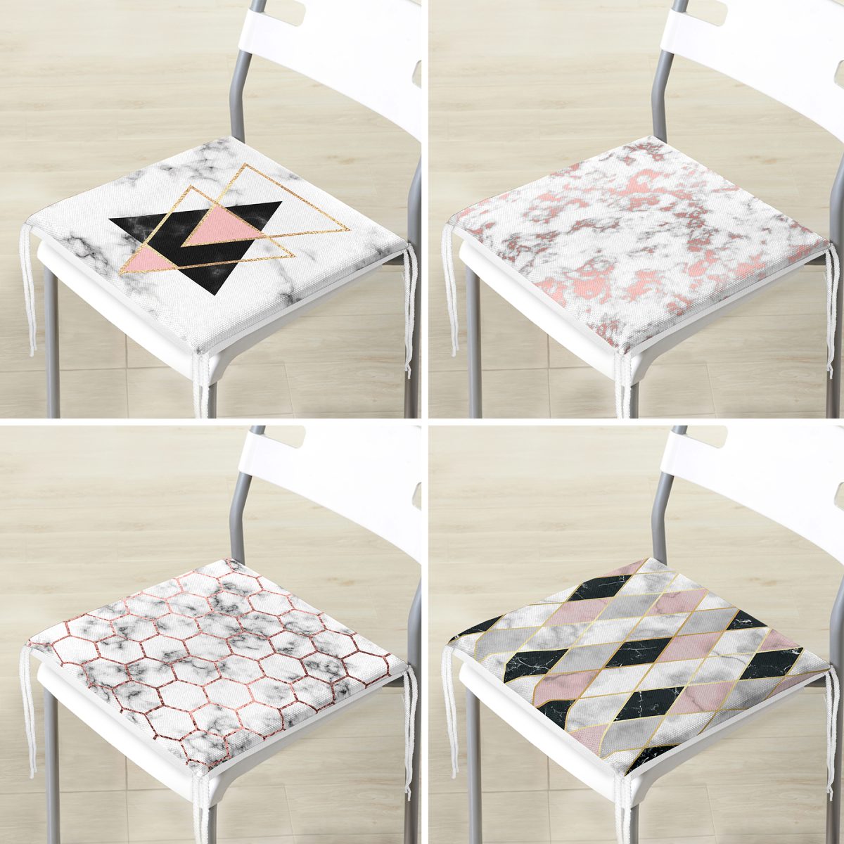 4'lü Mermer Zeminli Geometrik Desen Motifli Fermuarlı Sandalye Minderi Seti Realhomes