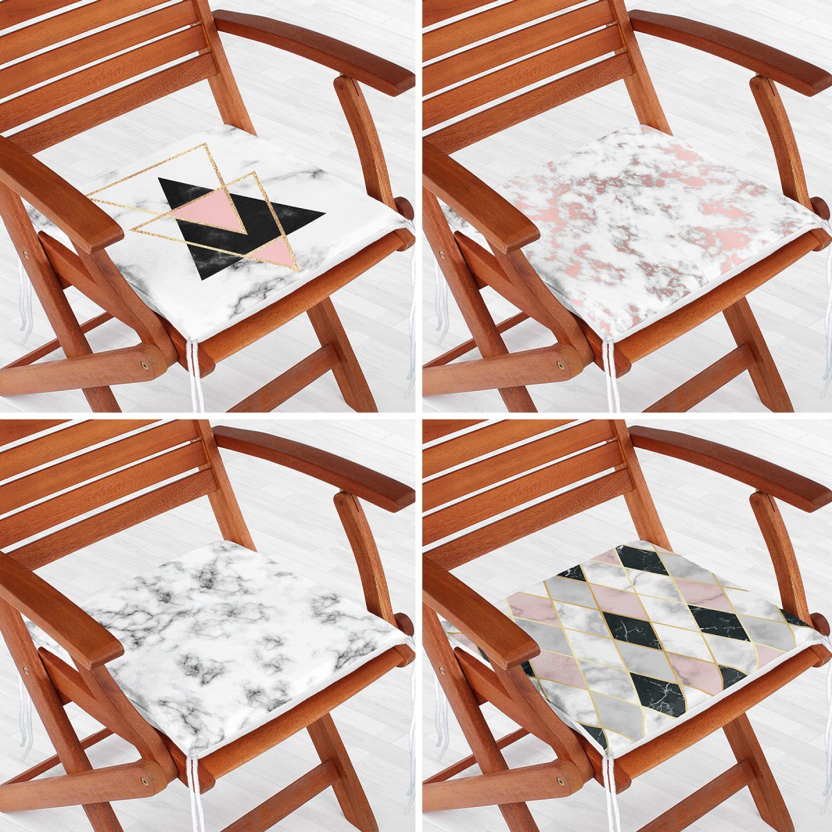 4'lü Geometrik Desenli Mermer Zemin Motifli Fermuarlı Sandalye Minderi Seti Realhomes