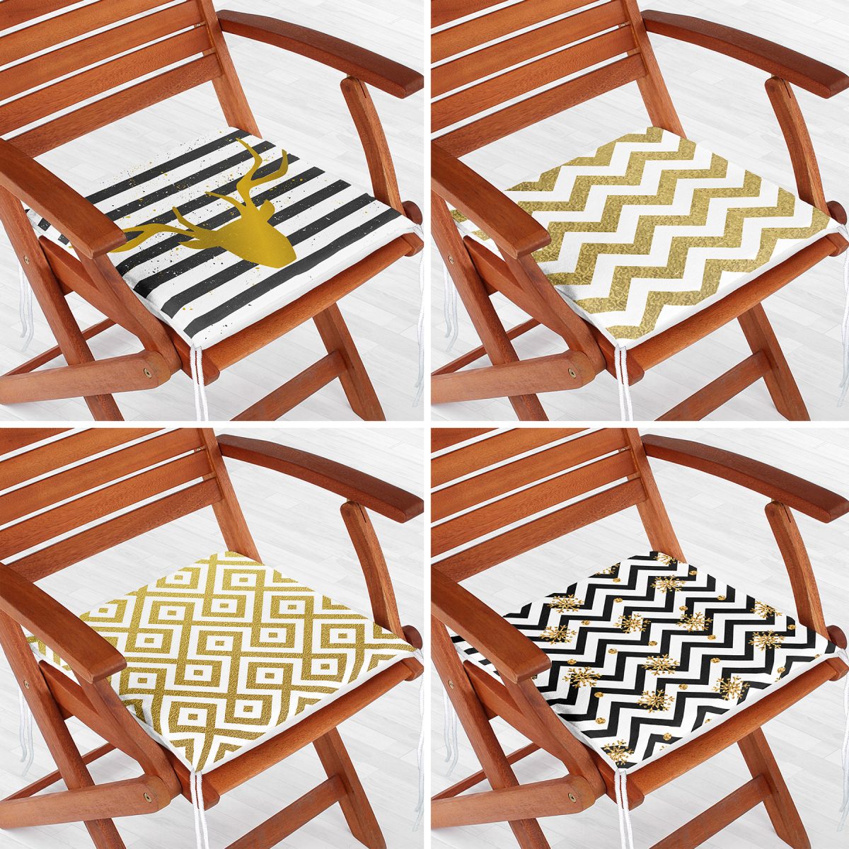 4'lü Altın Varaklı Geometrik Desenli Dekoratif Modern Fermuarlı Sandalye Minderi Seti Realhomes