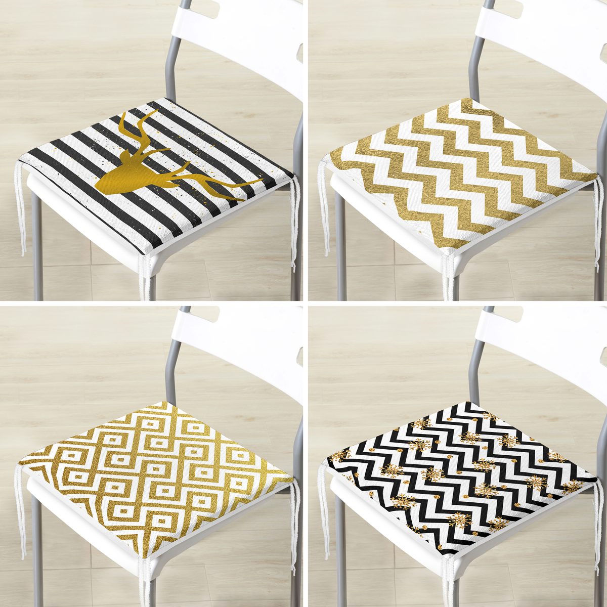4'lü Altın Varaklı Geometrik Desenli Dekoratif Modern Fermuarlı Sandalye Minderi Seti Realhomes