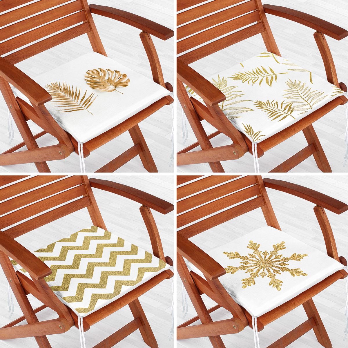 4'lü Altın Varaklı Yaprak ve Zigzag Motifli Fermuarlı Sandalye Minderi Seti Realhomes