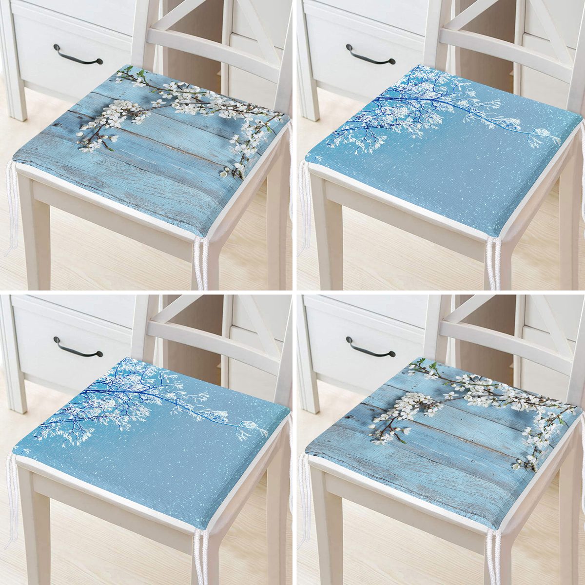 4'lü Mavi Zeminde Dal ve Çiçek Tasarımlı Fermuarlı Sandalye Minderi Seti Realhomes