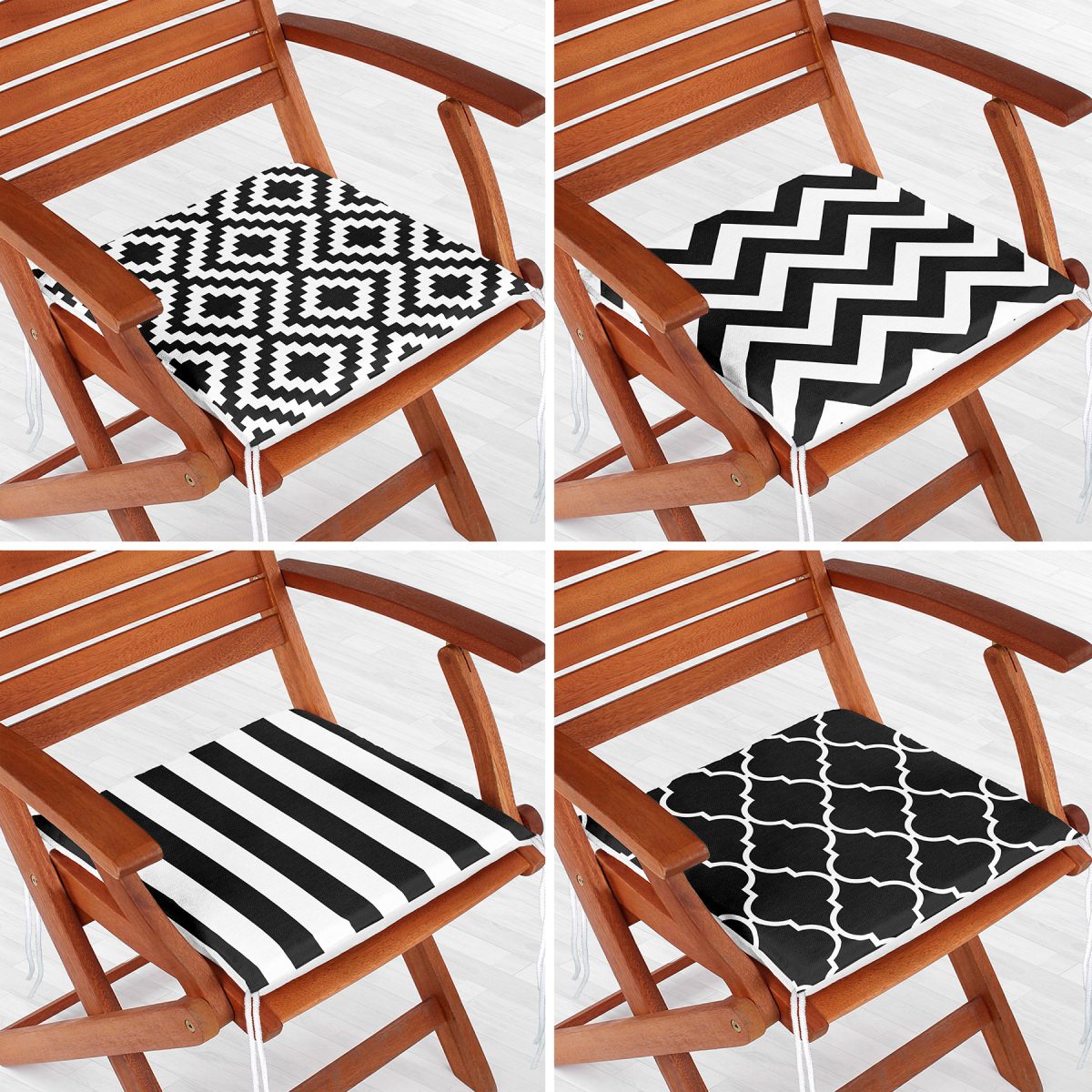4'lü Siyah Beyaz Geometrik Şekiller Fermuarlı Sandalye Minderi Seti Realhomes