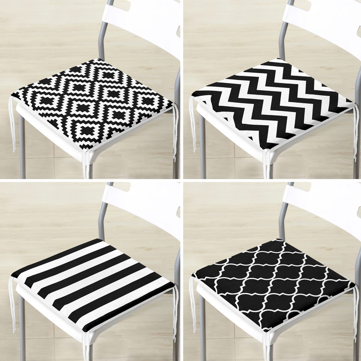 4'lü Siyah Beyaz Geometrik Şekiller Fermuarlı Sandalye Minderi Seti Realhomes