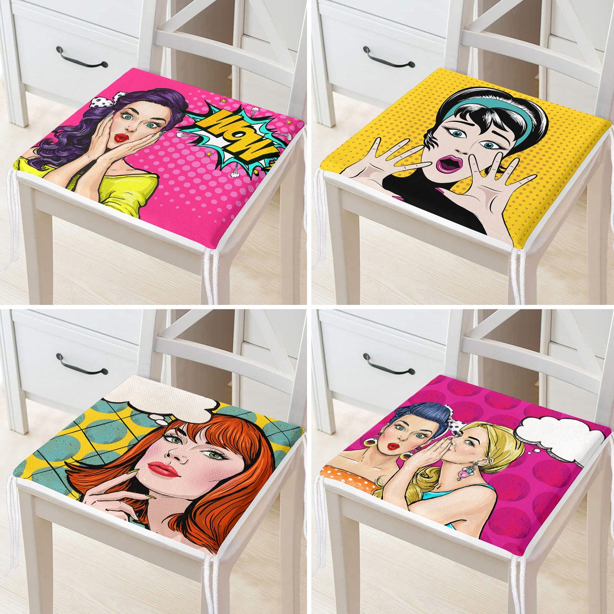 4'lü Pop-Art Fashion Girl Fermuarlı Sandalye Minderi Seti Realhomes