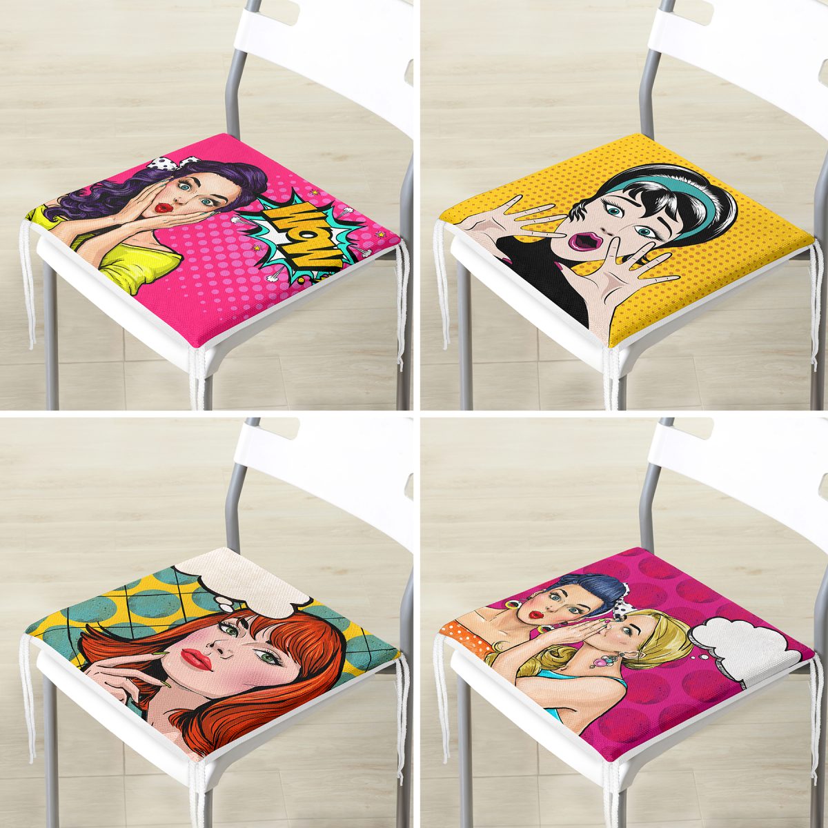 4'lü Pop-Art Fashion Girl Fermuarlı Sandalye Minderi Seti Realhomes