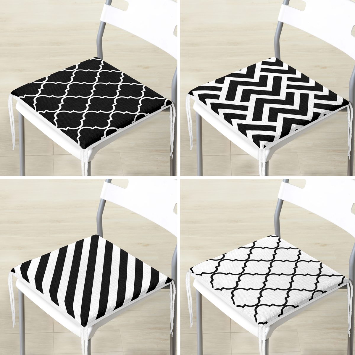 4'lü Siyah Beyaz Geometrik Şekilli Fermuarlı Sandalye Minderi Seti Realhomes