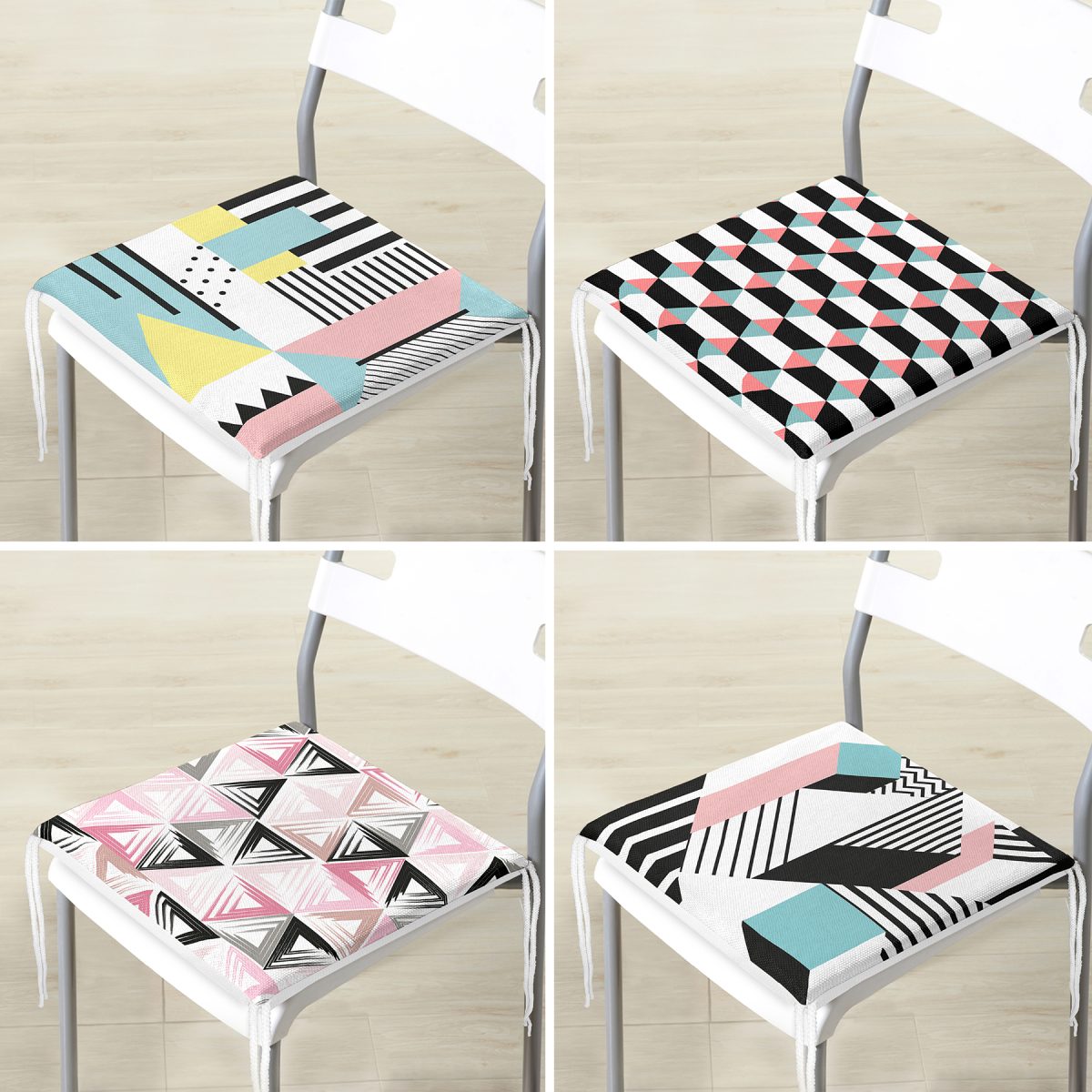 4'lü Renkli Geometrik Çizimler Fermuarlı Sandalye Minderi Seti Realhomes