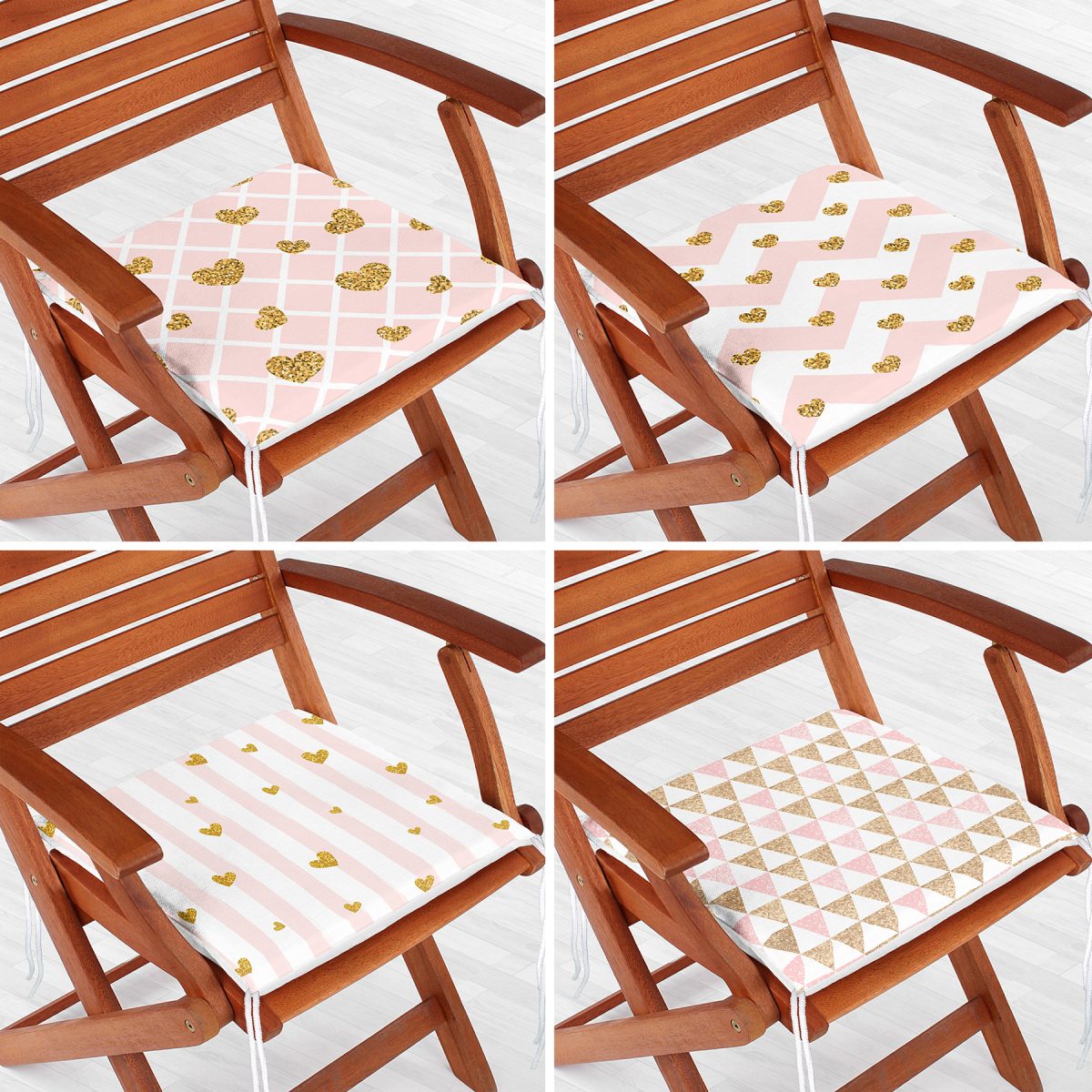 4'lü Gold Detaylı Pembe Geometrik Çizimli Fermuarlı Sandalye Minderi Seti Realhomes
