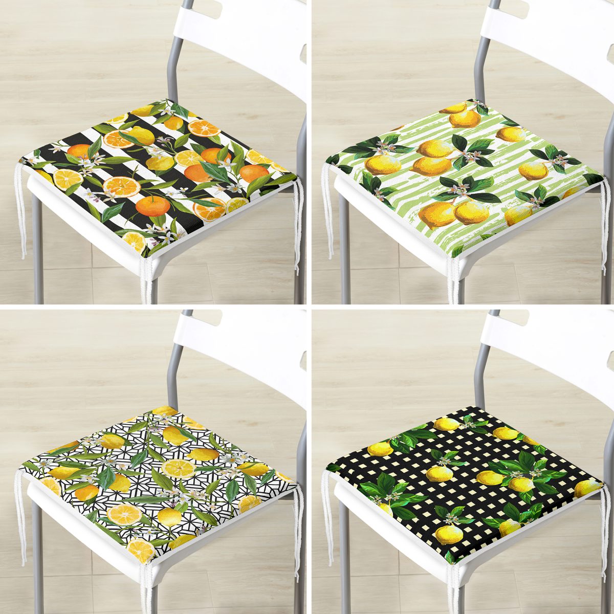 4'lü Limon Tasarımlı Dijital Baskılı Fermuarlı Sandalye Minderi Seti Realhomes