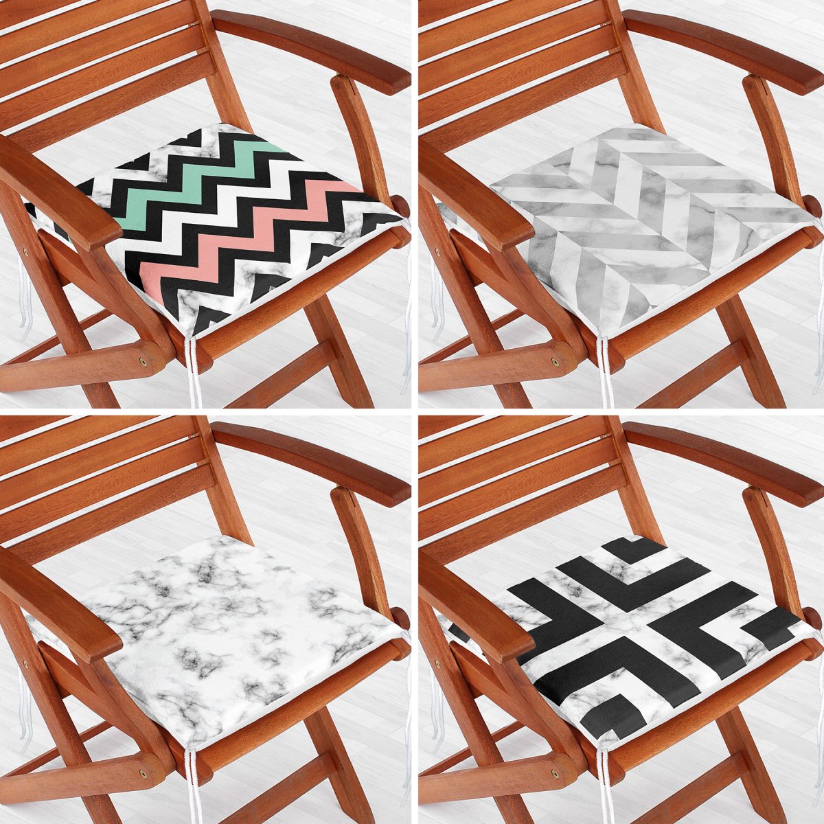 4'lü Mermer Motifli Zigzag Tasarımlı Fermuarlı Sandalye Minderi Seti Realhomes
