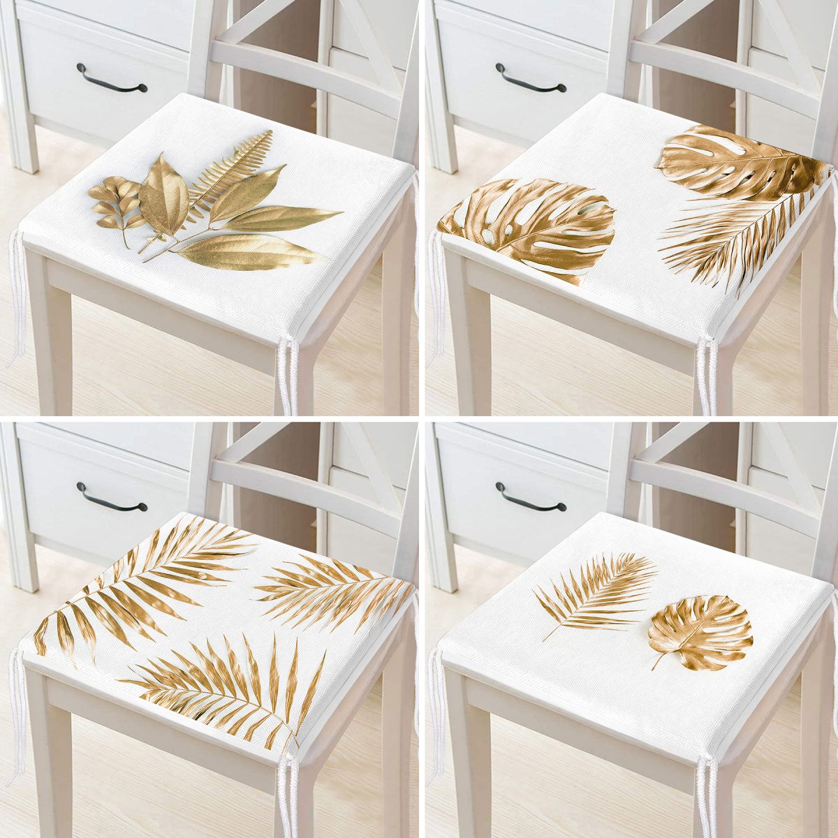 4'lü Gold Tasarımlı Yaprak Motifli Fermuarlı Sandalye Minderi Seti Realhomes
