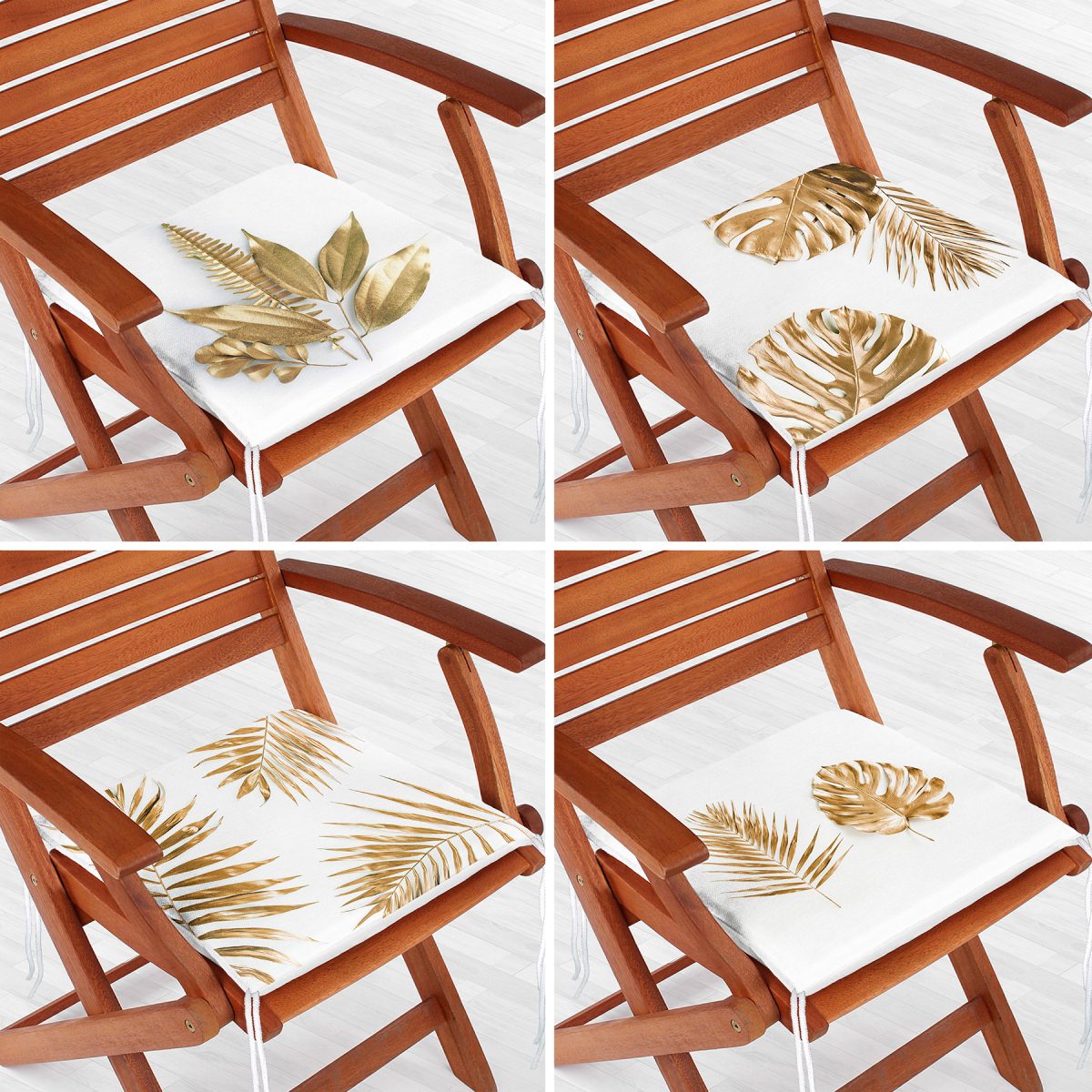4'lü Gold Tasarımlı Yaprak Motifli Fermuarlı Sandalye Minderi Seti Realhomes