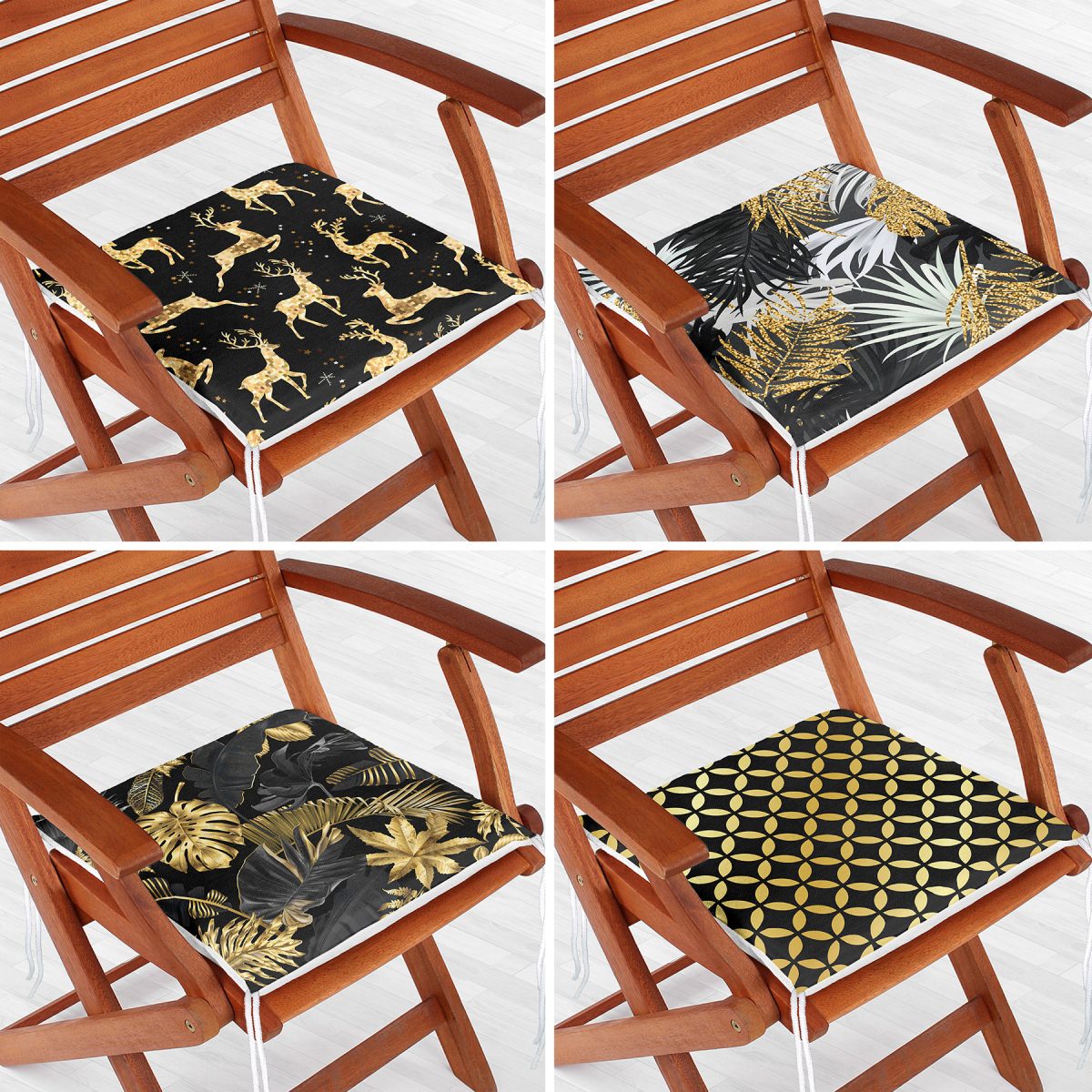 4'lü Gold Detaylı Tropik Yaprak Motifli Fermuarlı Sandalye Minderi Seti Realhomes