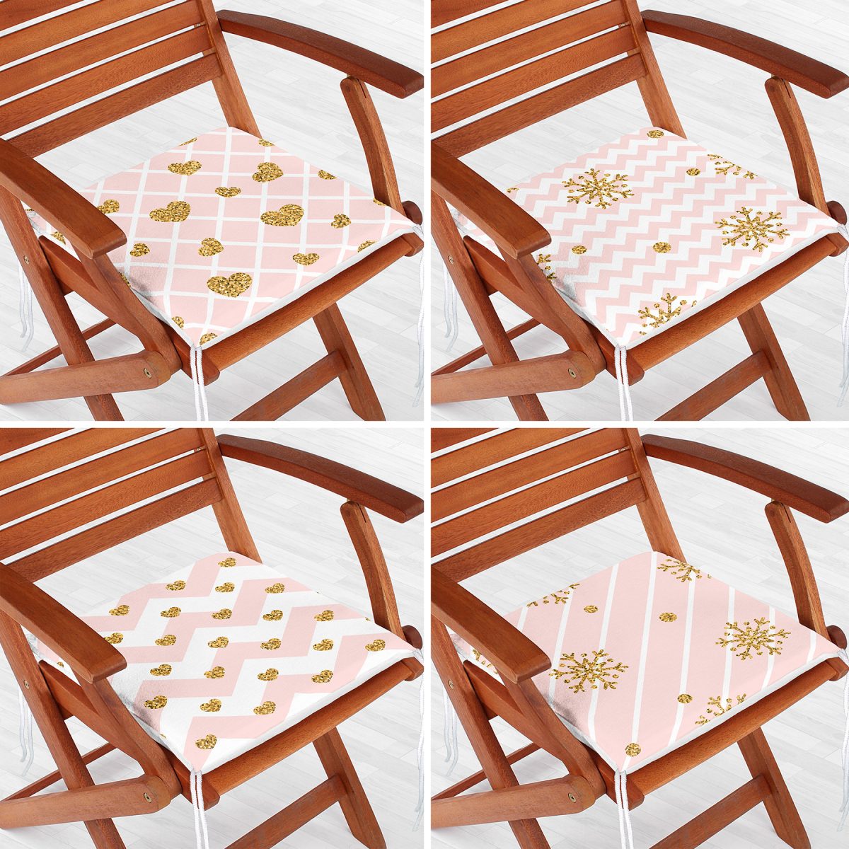 4'lü Gold Detaylı Pembe Zigzag Tasarımlı Fermuarlı Sandalye Minderi Seti Realhomes