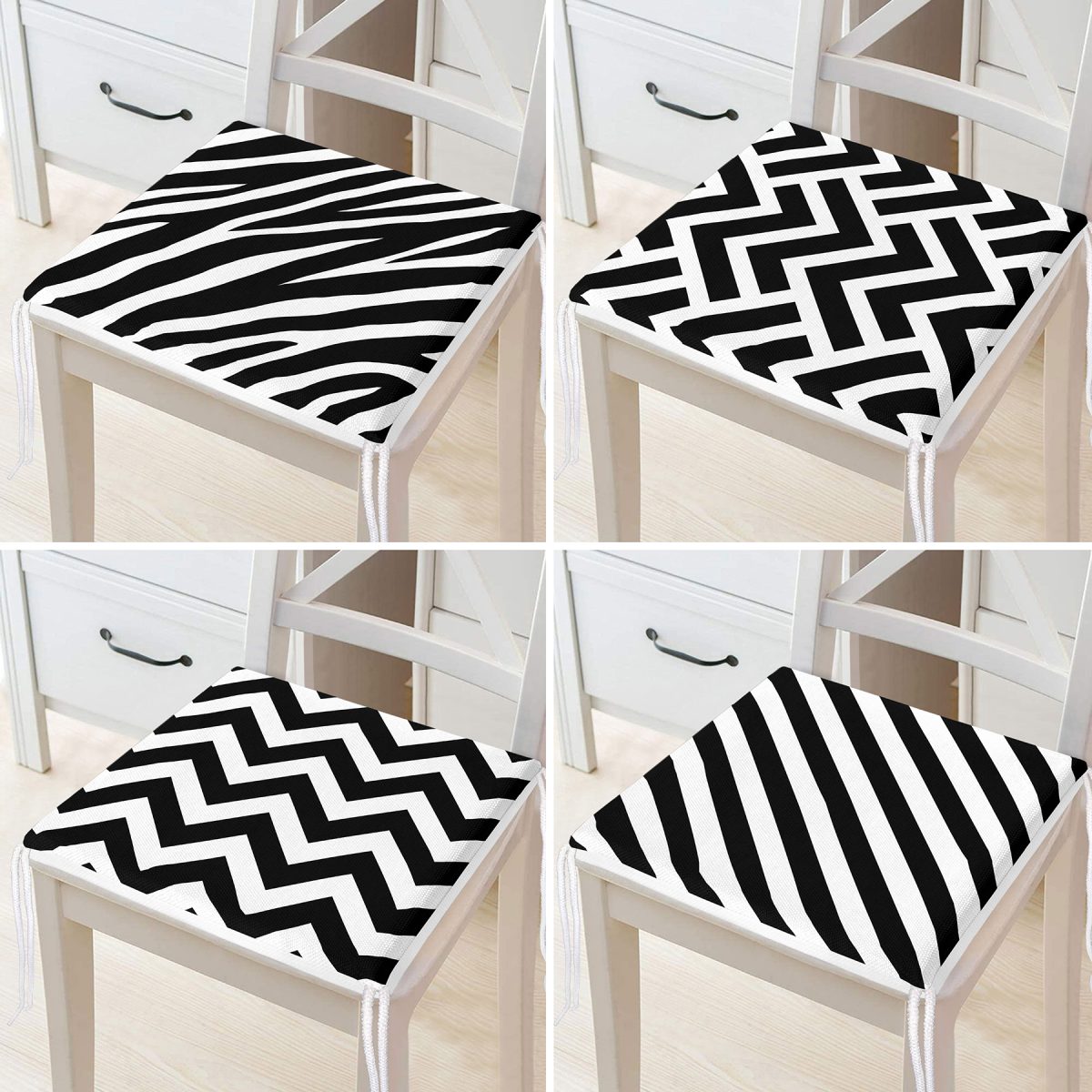 4'lü Siyah Beyaz Geometrik Çizimli Fermuarlı Sandalye Minderi Seti Realhomes