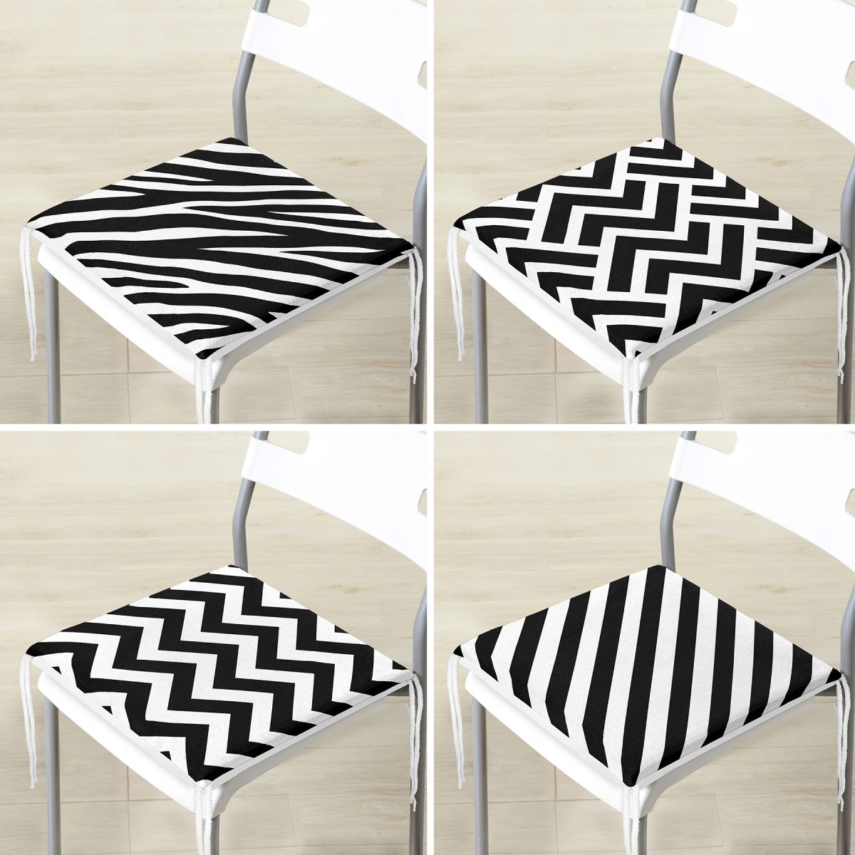 4'lü Siyah Beyaz Geometrik Çizimli Fermuarlı Sandalye Minderi Seti Realhomes