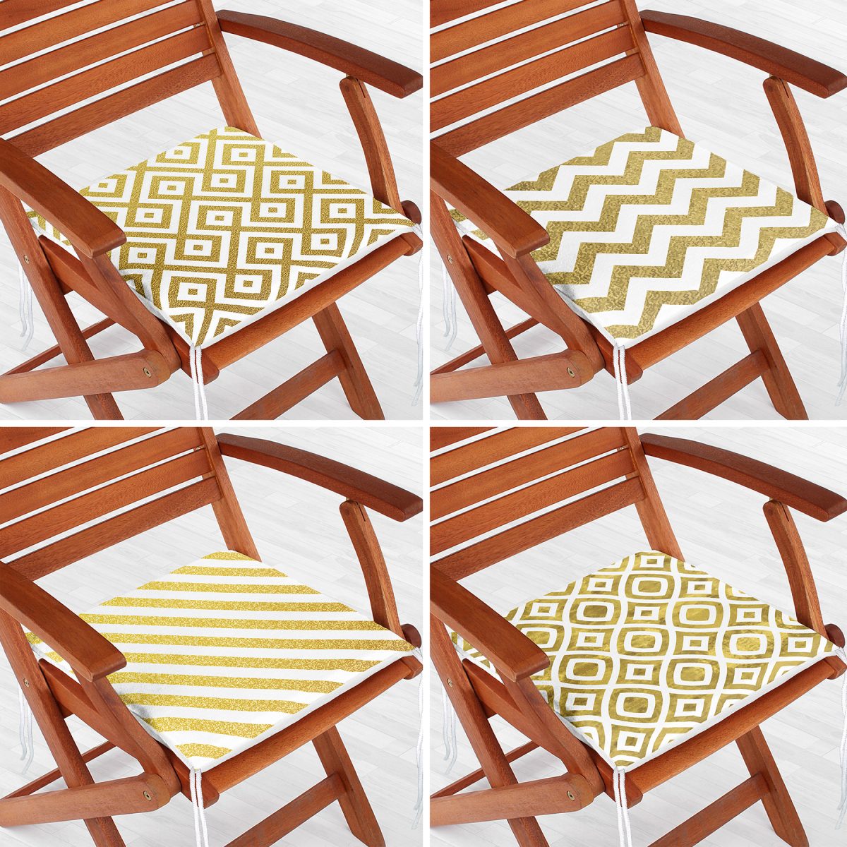 4'lü Gold Motifli Geometrik Çizimli Fermuarlı Sandalye Minderi Seti Realhomes