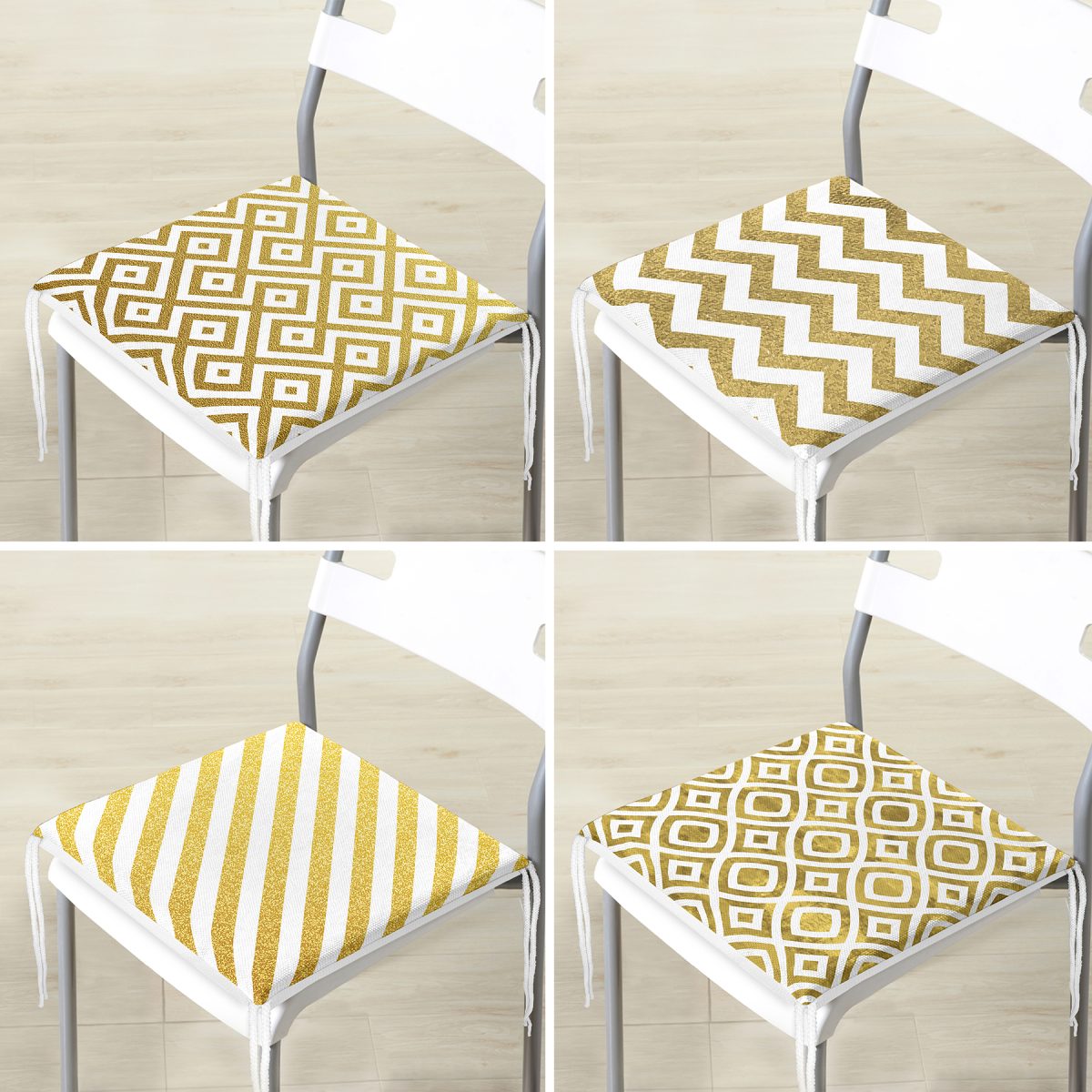 4'lü Gold Motifli Geometrik Çizimli Fermuarlı Sandalye Minderi Seti Realhomes