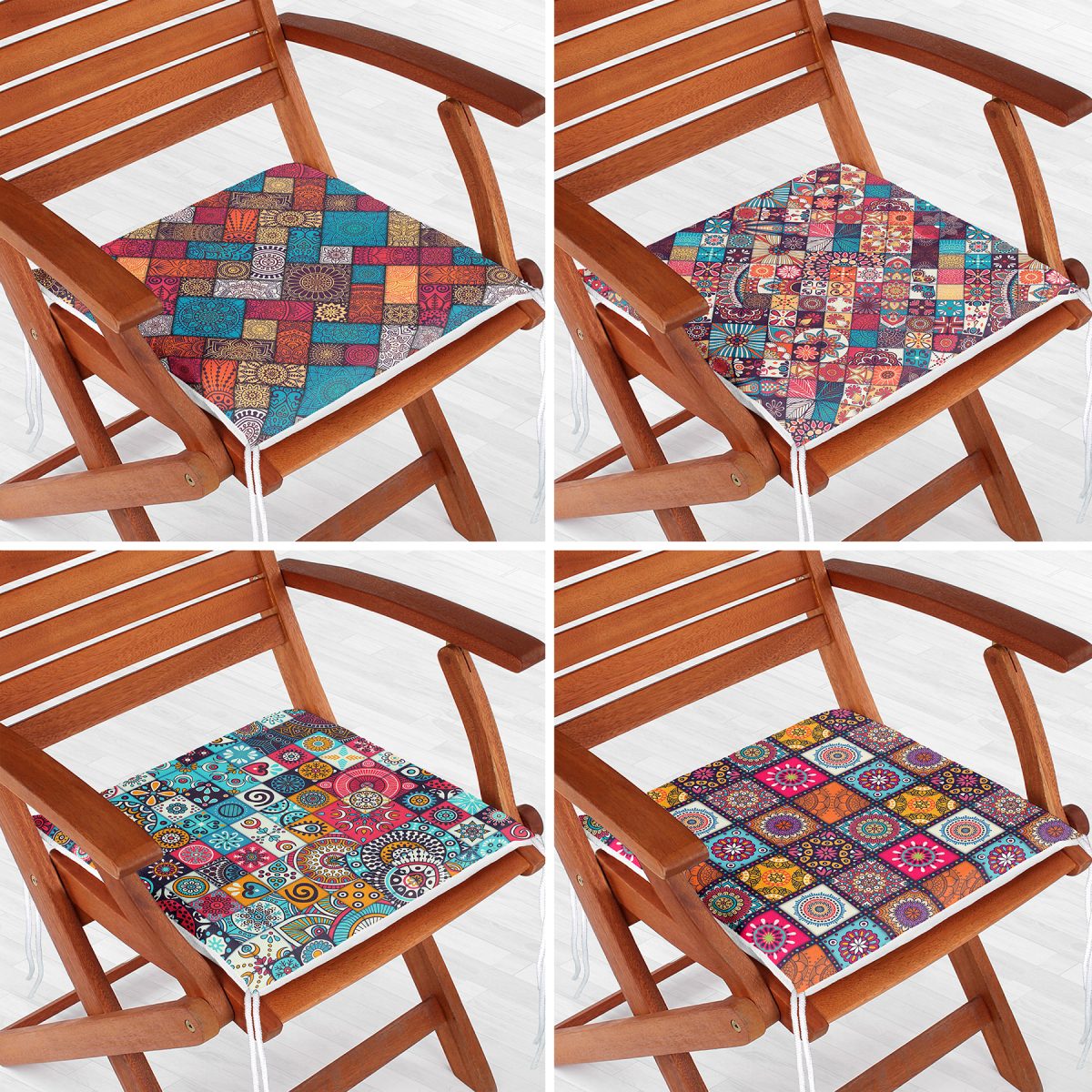 4'lü Renkli Etnik Kareli Tasarım Fermuarlı Sandalye Minderi Seti Realhomes