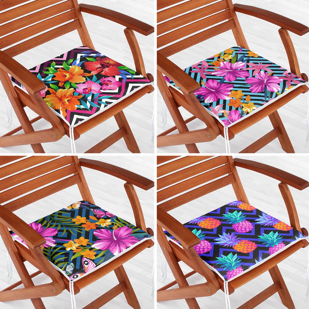 4'lü Geometrik Zeminli Renkli Tropik Çiçekler Fermuarlı Sandalye Minderi Seti Realhomes