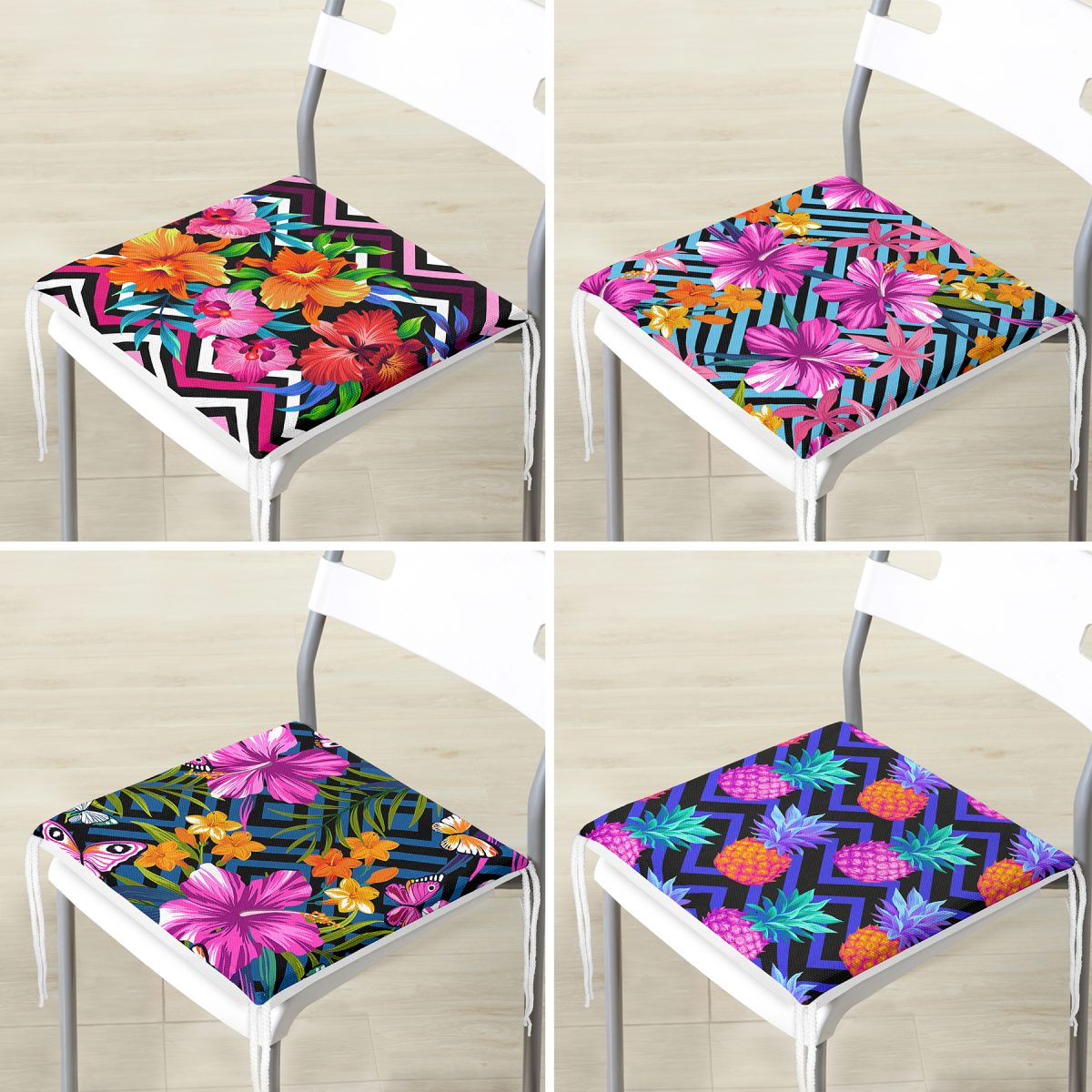 4'lü Geometrik Zeminli Renkli Tropik Çiçekler Fermuarlı Sandalye Minderi Seti Realhomes