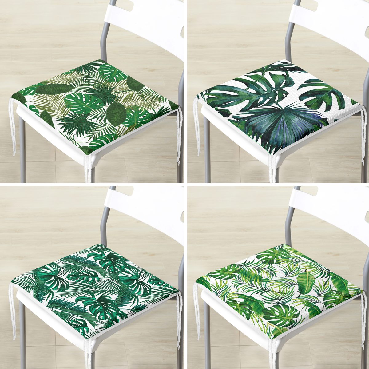 4'lü Yeşil Tropik Yapraklar Dijital Baskılı Fermuarlı Sandalye Minderi Seti Realhomes