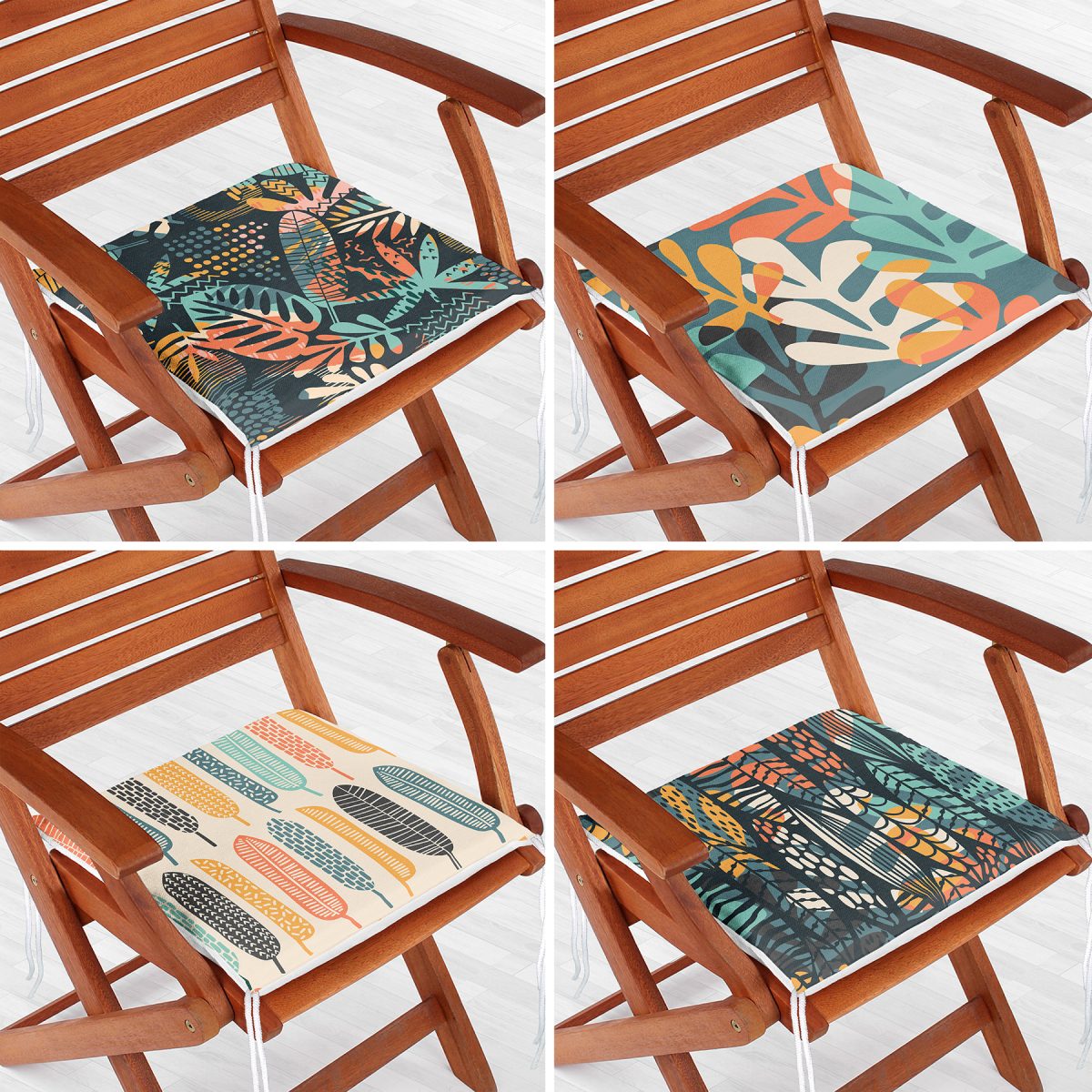 4'lü Renkli Tropik Yapraklar Özel Tasarım Fermuarlı Sandalye Minderi Seti Realhomes