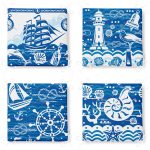 4'lü Renkli Zemin Üzerinde Gemici Desenli Modern Fermuarlı Sandalye Minderi Seti Realhomes