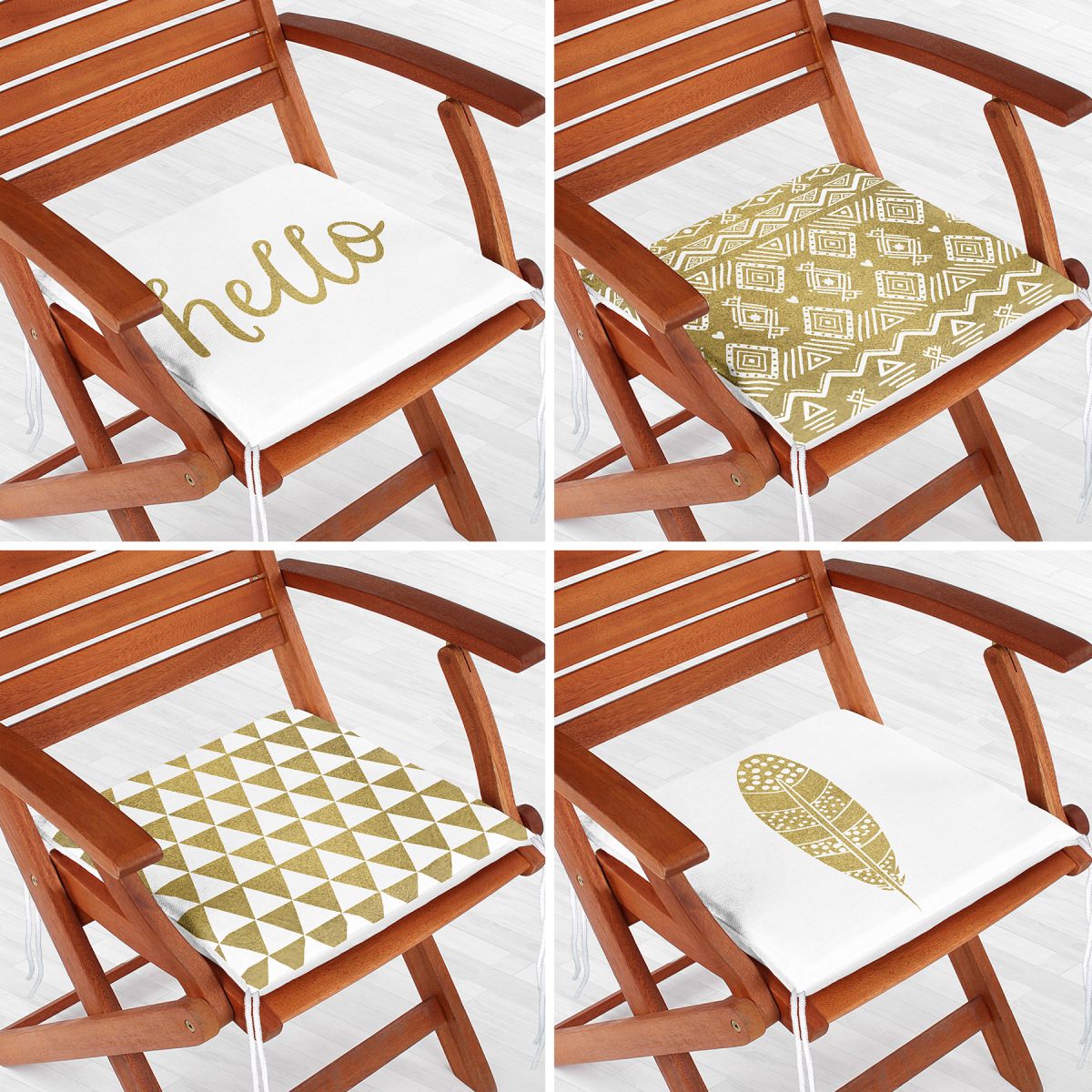 4'lü Renkli Zemin Üzerinde Gold Detaylı Geometrik Desenli Modern Fermuarlı Sandalye Minderi Seti Realhomes