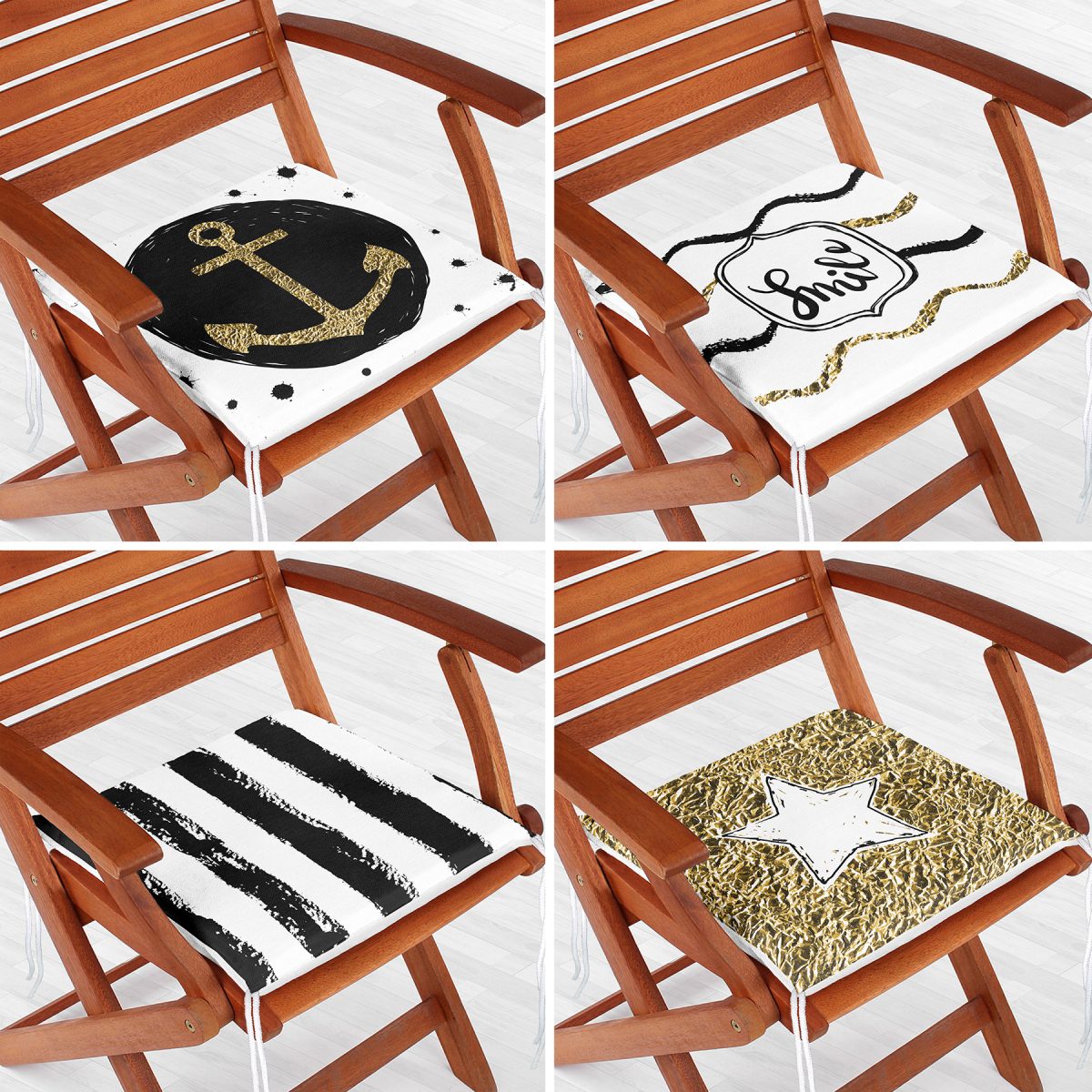 4'lü Beyaz Zemin Üzerinde Gold Detaylı Modern Fermuarlı Sandalye Minderi Seti Realhomes