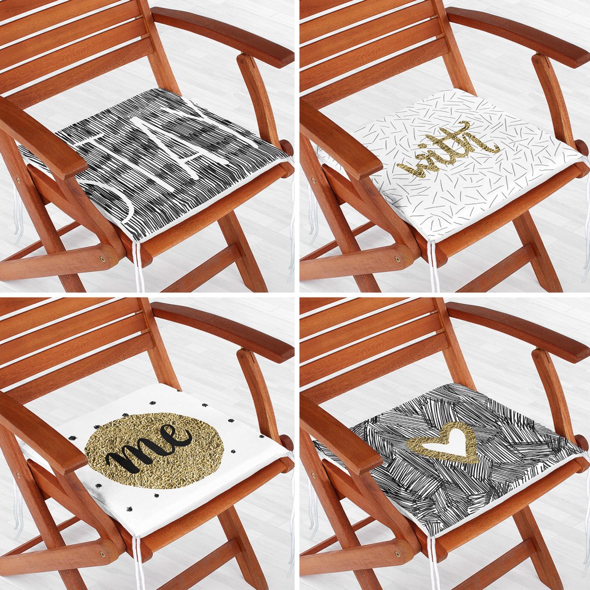 4'lü Renkli Zemin Üzerinde Gold Detaylı Yazılı Modern Fermuarlı Sandalye Minderi Seti Realhomes