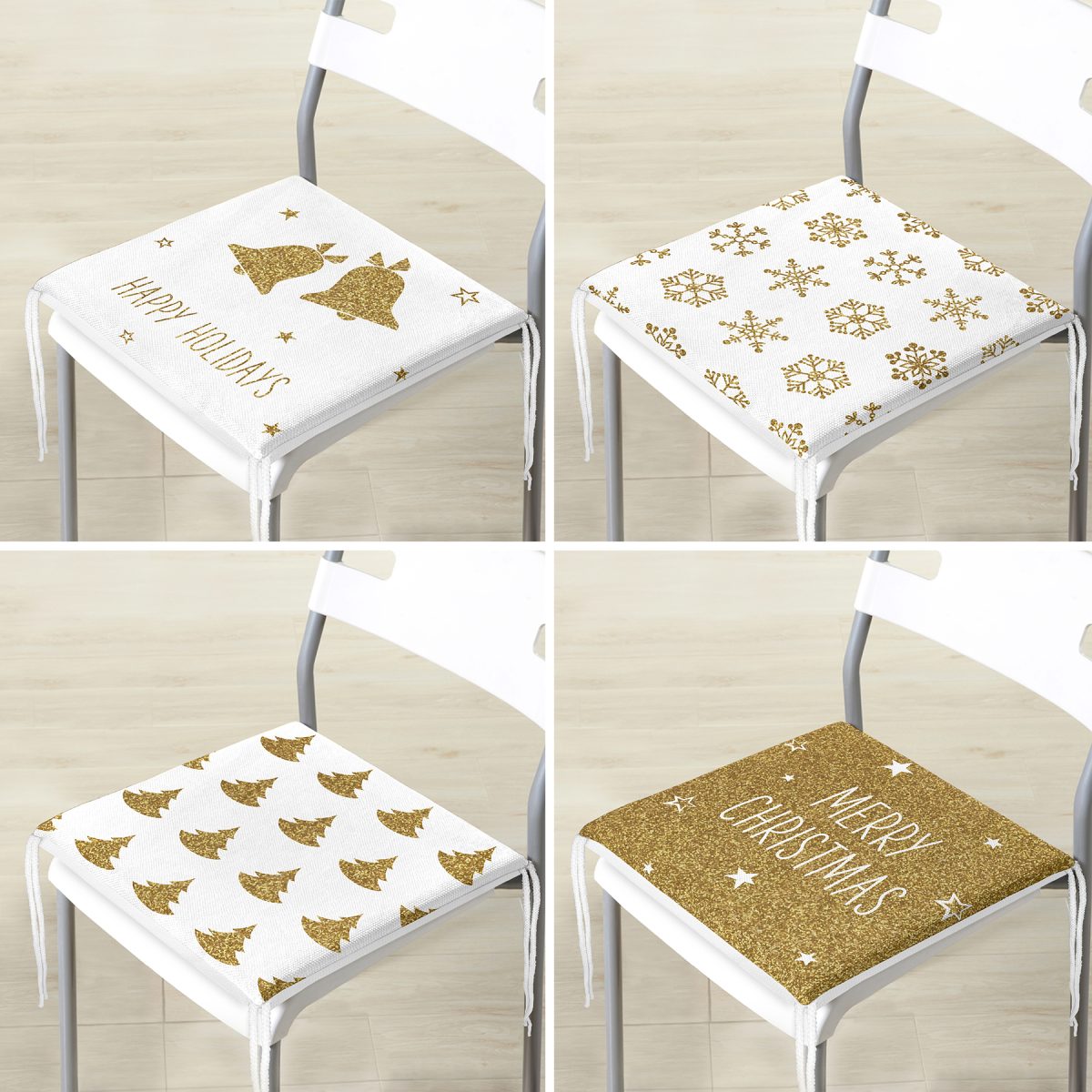 4'lü Renkli Zemin Üzerinde Gold Detaylı Modern Fermuarlı Sandalye Minderi Seti Realhomes