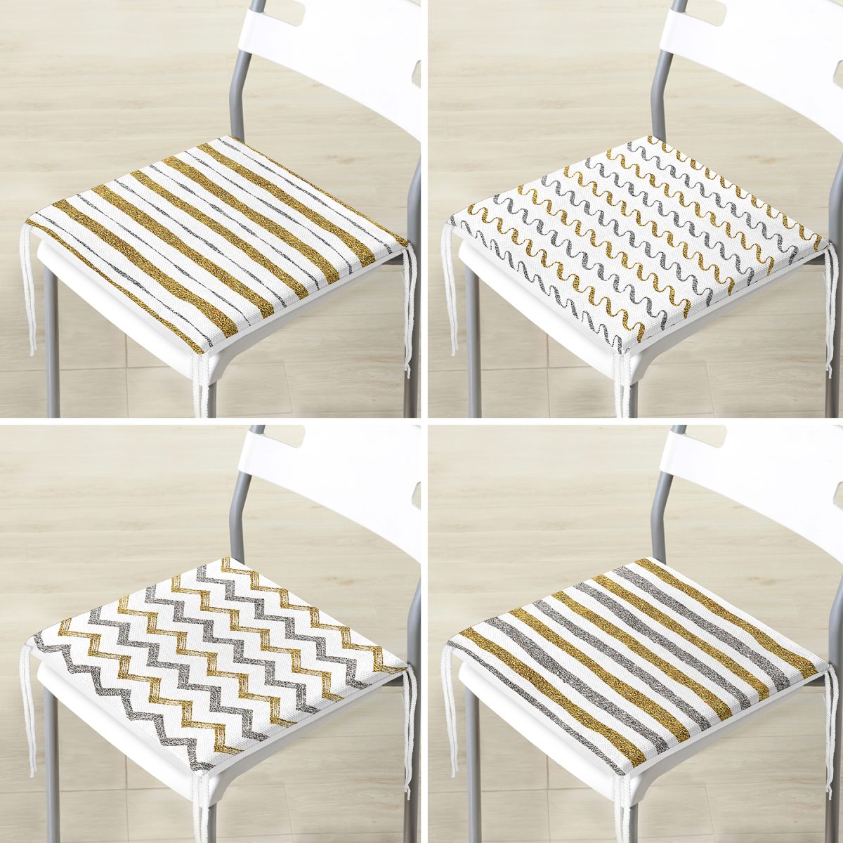 4'lü Beyaz Zemin Üzerinde Gold Detaylı Geometrik Desenli Modern Fermuarlı Sandalye Minderi Seti Realhomes