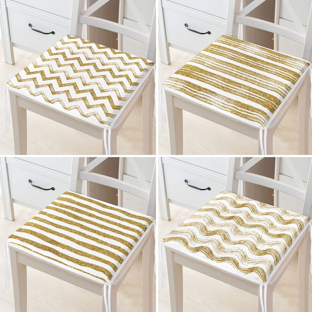 4'lü Beyaz Zemin Üzerinde Gold Detaylı Geometrik Desenli Modern Fermuarlı Sandalye Minderi Seti Realhomes