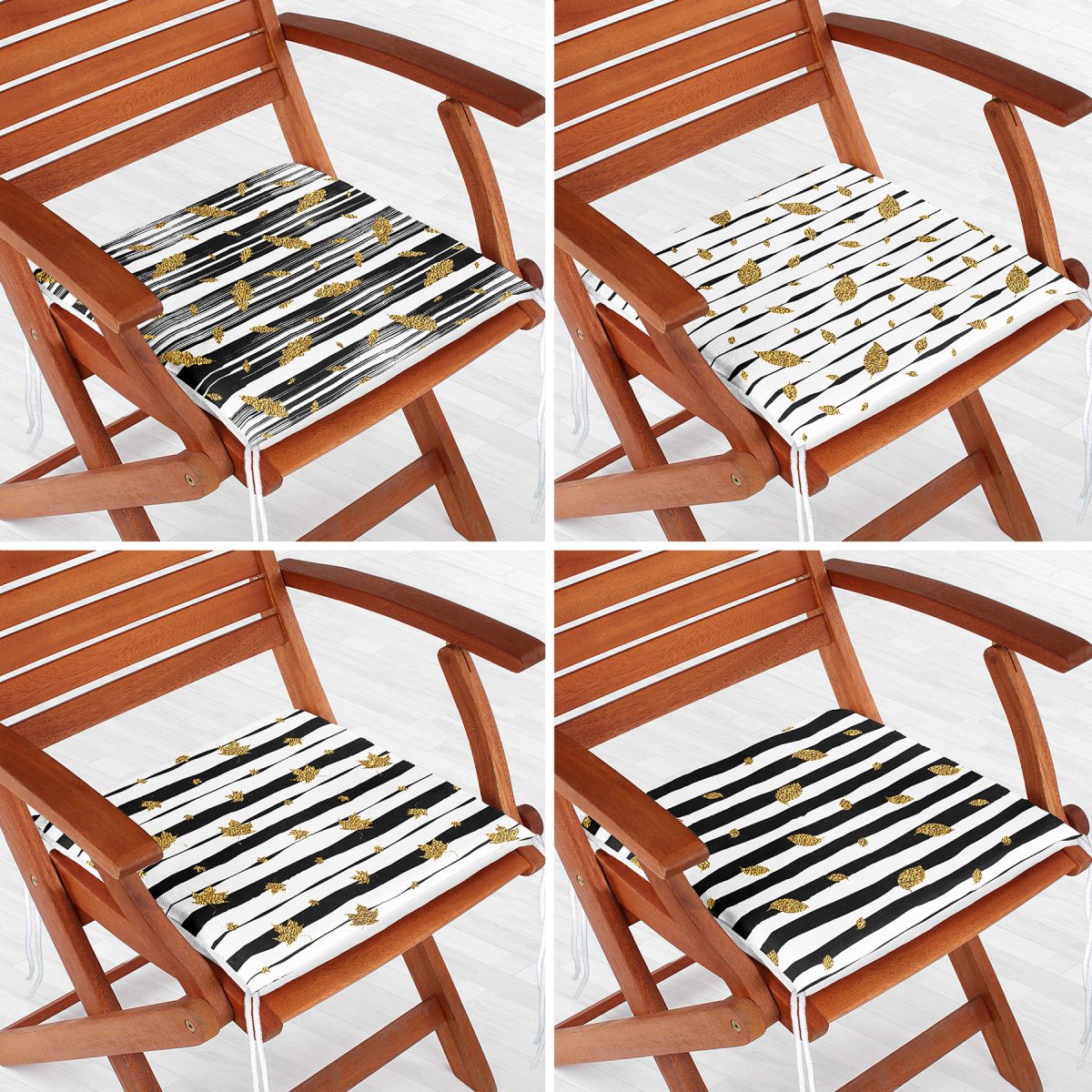 4'lü Beyaz Zemin Üzerinde Gold Detaylı Yaprak Desenli Modern Fermuarlı Sandalye Minderi Seti Realhomes