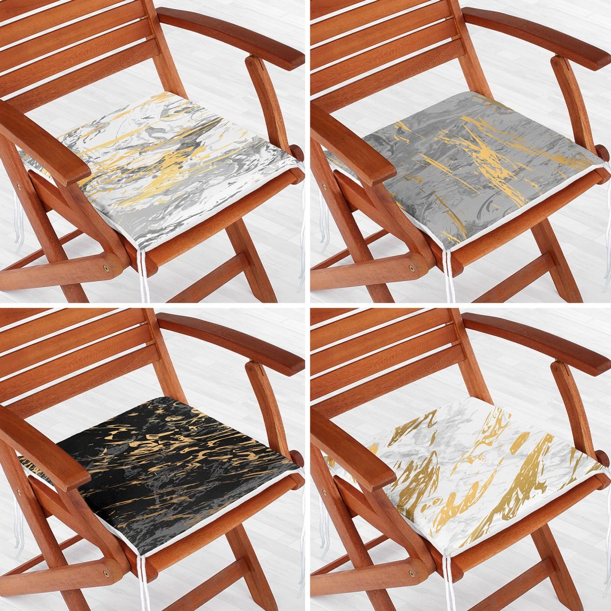 4'lü Renkli Zemin Üzerinde Gold Detaylı Soyut Çizimli Modern Fermuarlı Sandalye Minderi Seti Realhomes