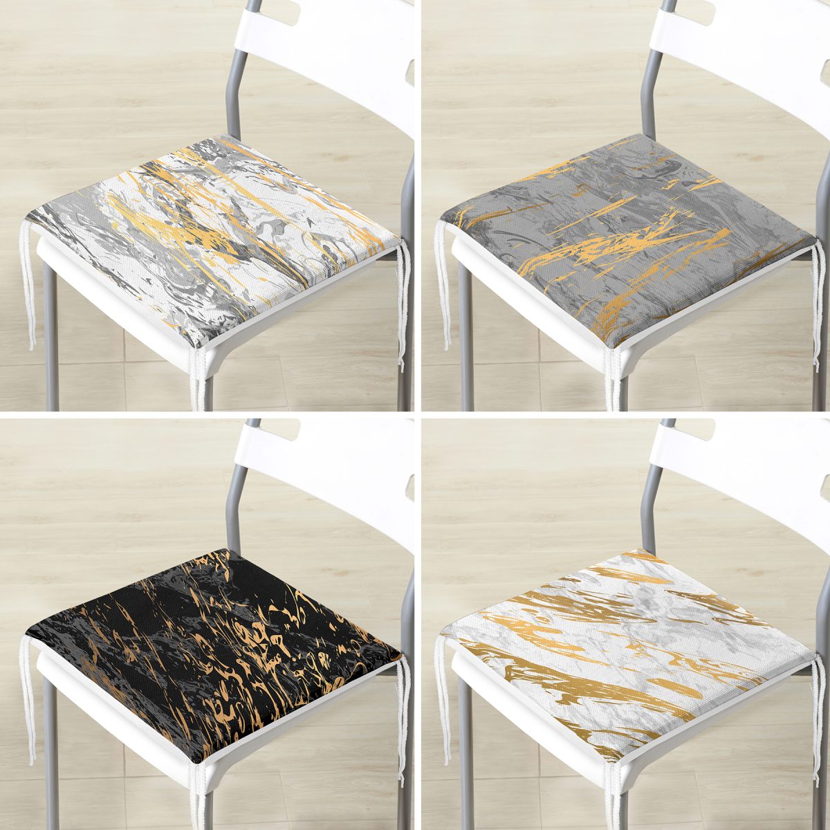 4'lü Renkli Zemin Üzerinde Gold Detaylı Soyut Çizimli Modern Fermuarlı Sandalye Minderi Seti Realhomes