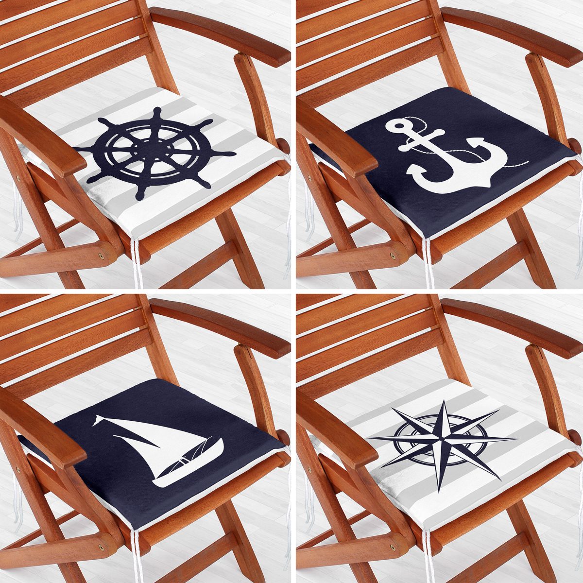 4'lü Renkli Zemin Üzerinde Denizci Desenli Modern Fermuarlı Sandalye Minderi Seti Realhomes