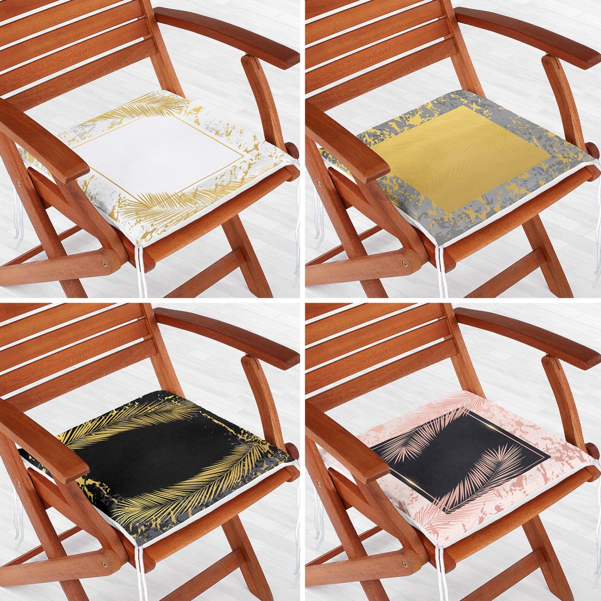 4'lü Renkli Zemin Üzerinde Gold Detaylı Mermer Desenli Modern Fermuarlı Sandalye Minderi Seti Realhomes