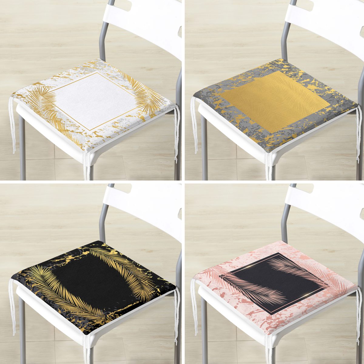 4'lü Renkli Zemin Üzerinde Gold Detaylı Mermer Desenli Modern Fermuarlı Sandalye Minderi Seti Realhomes