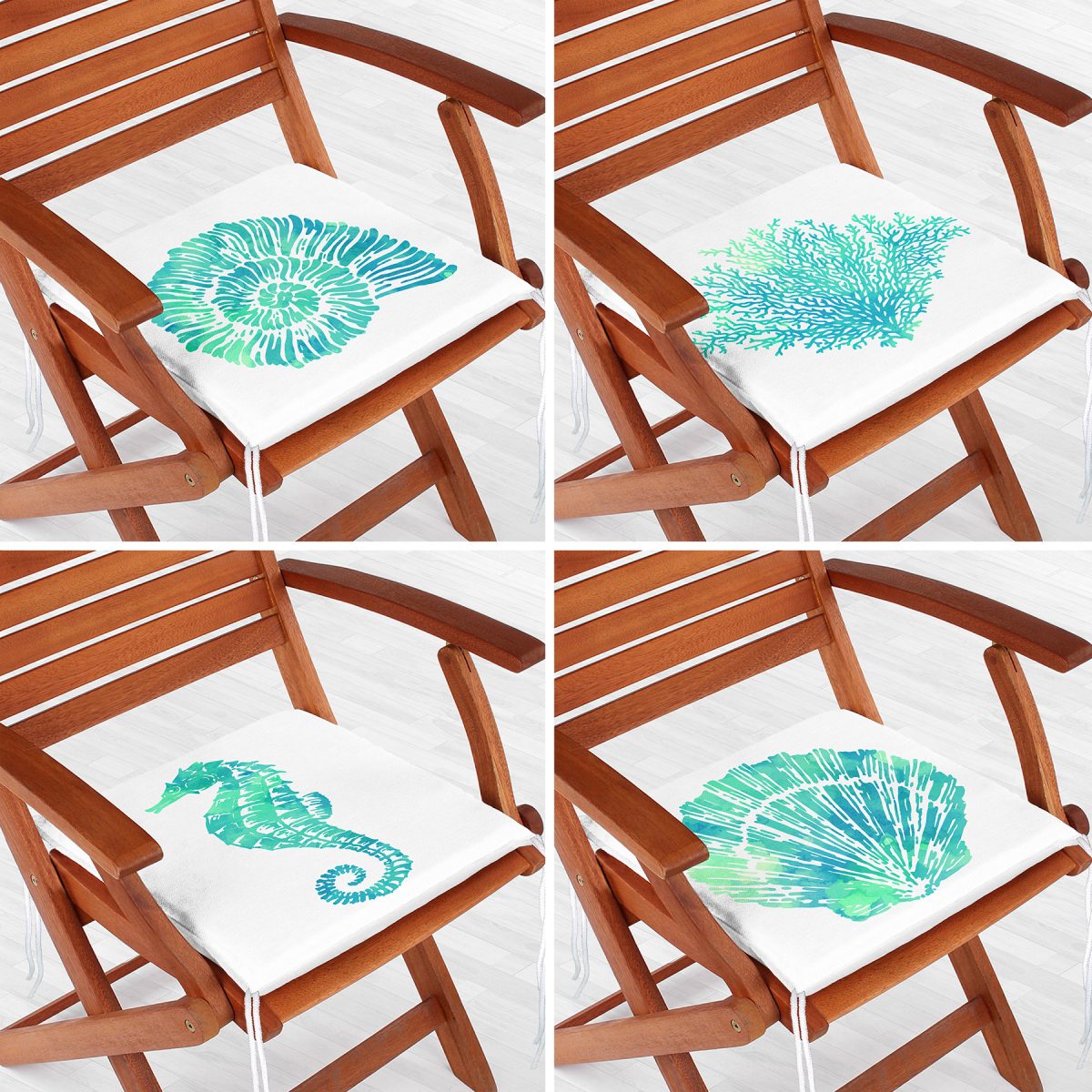 4'lü Beyaz Zemin Üzerinde Renkli Deniz Kabuğu Desenli Modern Fermuarlı Sandalye Minderi Seti Realhomes