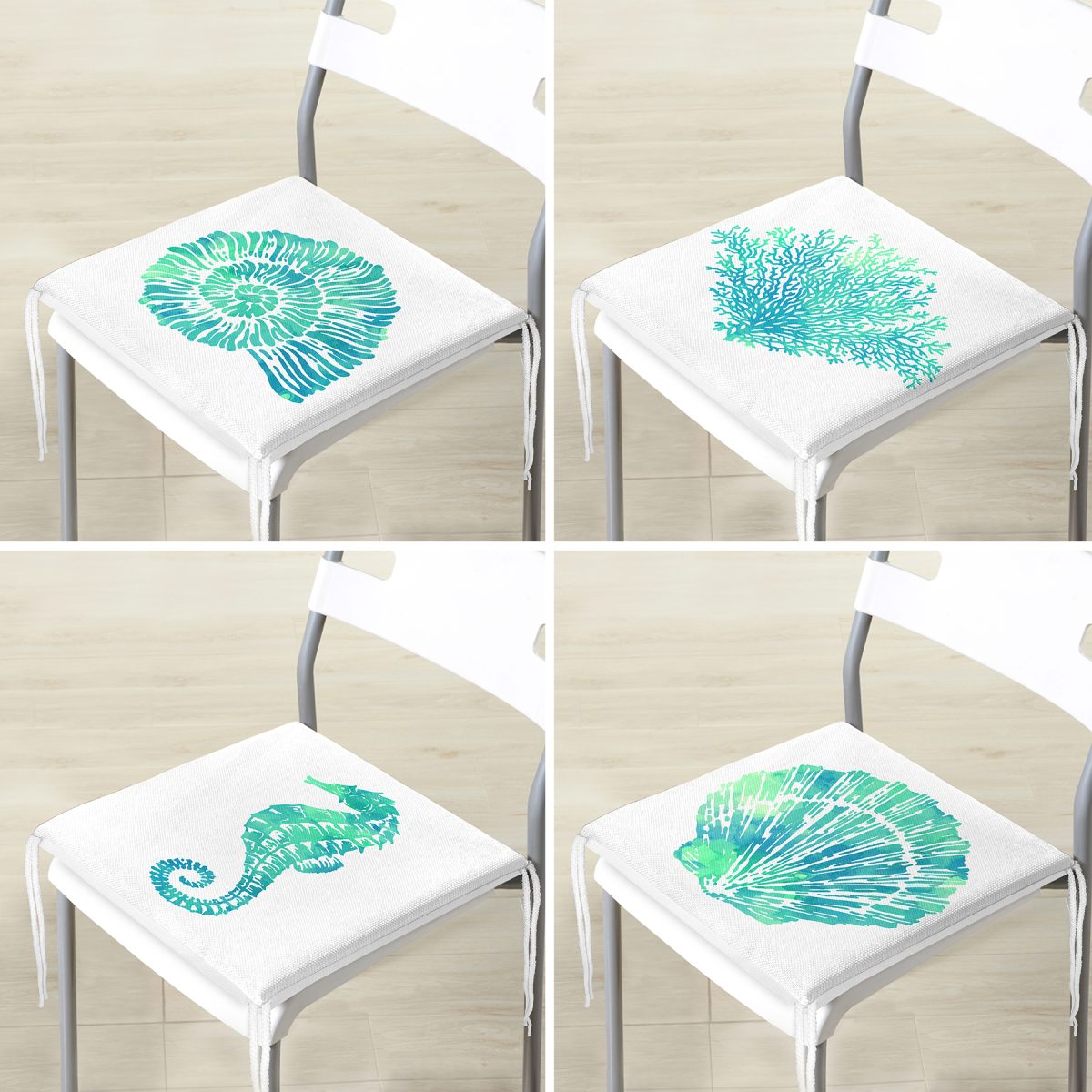 4'lü Beyaz Zemin Üzerinde Renkli Deniz Kabuğu Desenli Modern Fermuarlı Sandalye Minderi Seti Realhomes