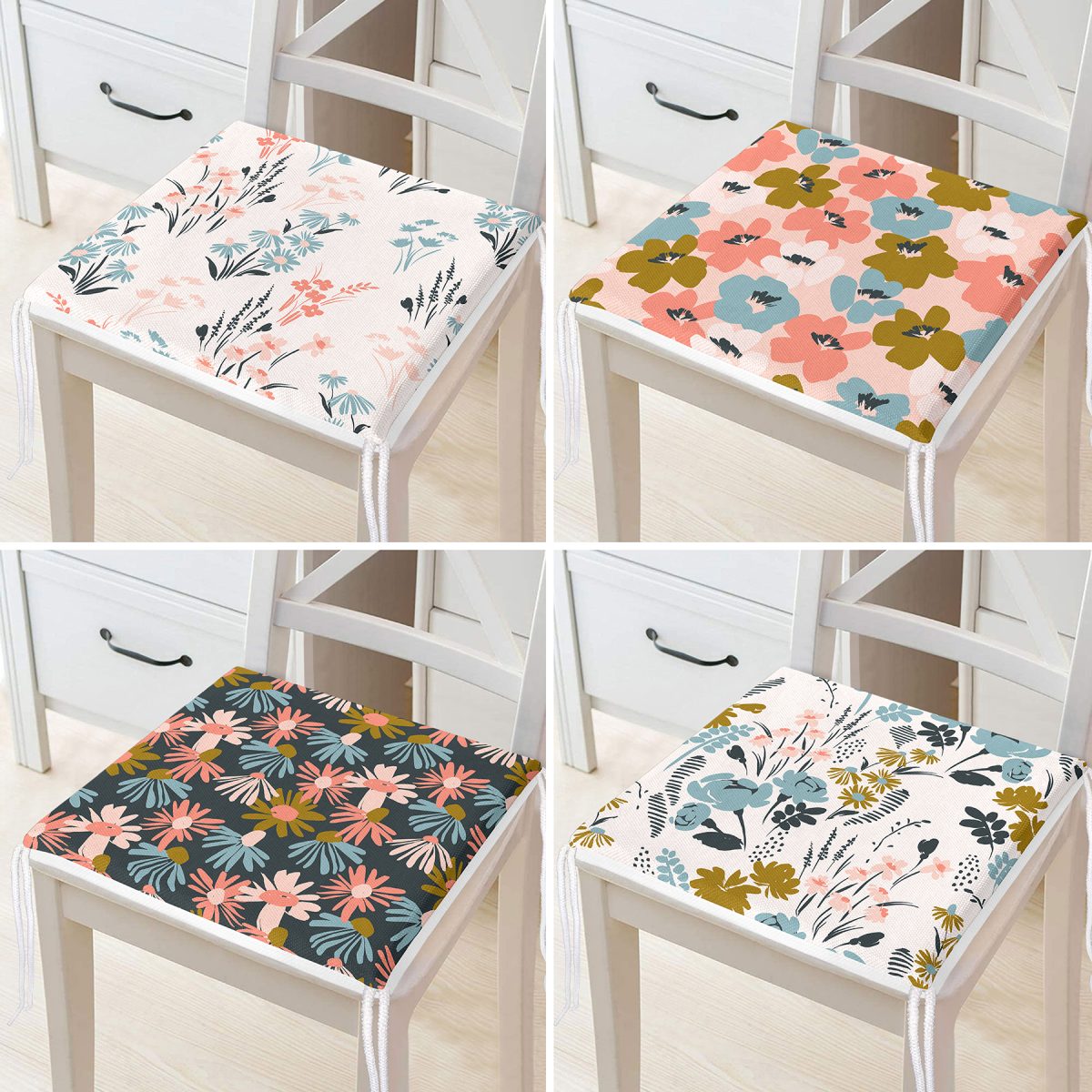 4'lü Renkli Zemin Üzerinde Çiçek Desenli Modern Fermuarlı Sandalye Minderi Seti Realhomes