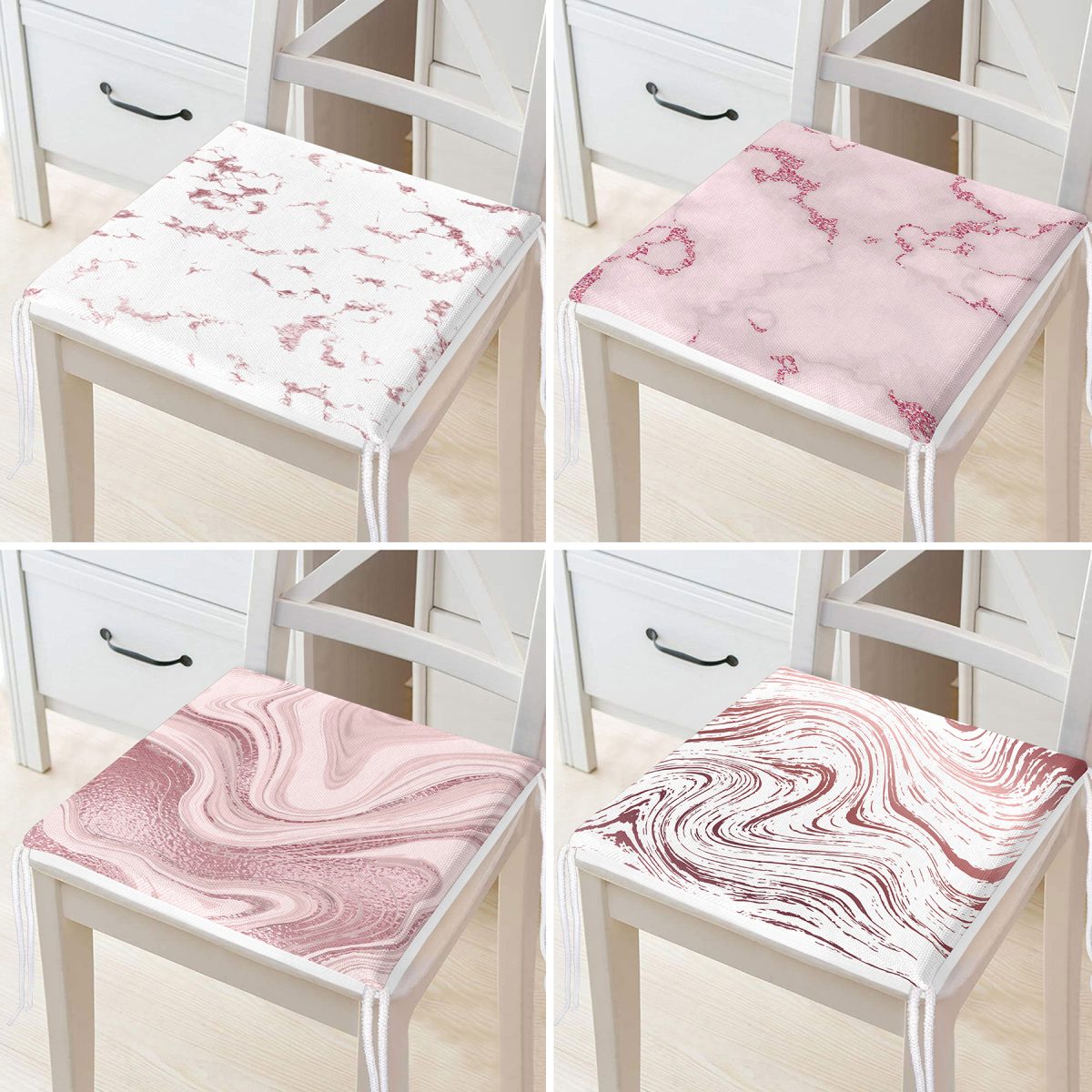 4'lü Renkli Zemin Üzerinde Soyut Desenli Modern Fermuarlı Sandalye Minderi Seti Realhomes