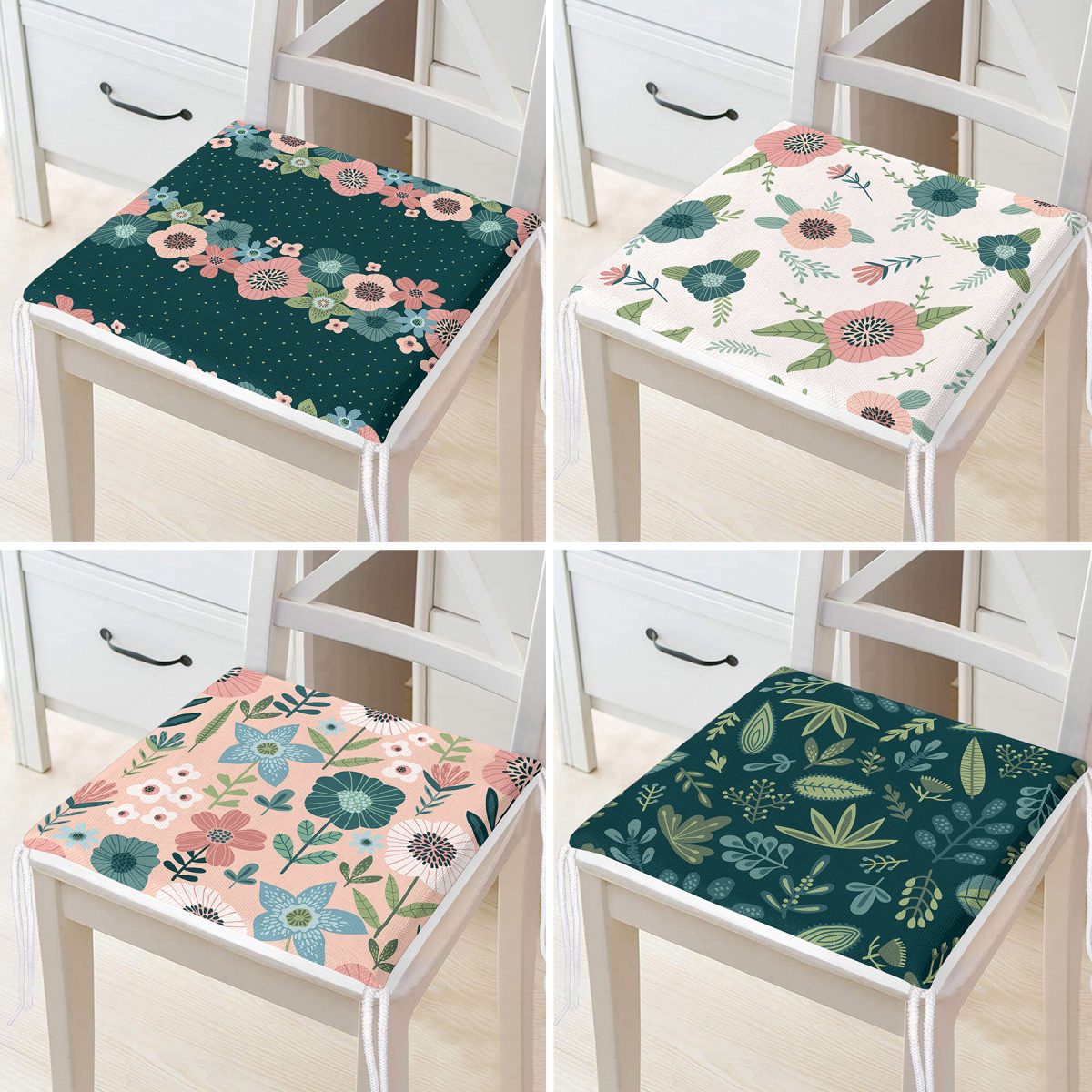 4'lü Renkli Zemin Üzerinde Çiçek Desenli Modern Fermuarlı Sandalye Minderi Seti Realhomes