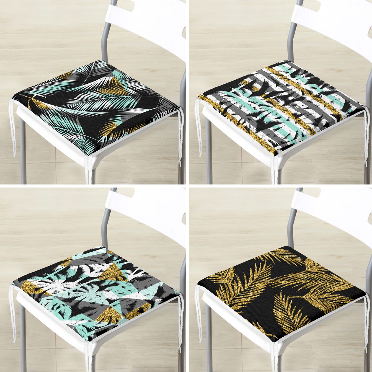 4'lü Renkli Zemin Üzerinde Gold Detaylı Yaprak Desenli Modern Fermuarlı Sandalye Minderi Seti Realhomes