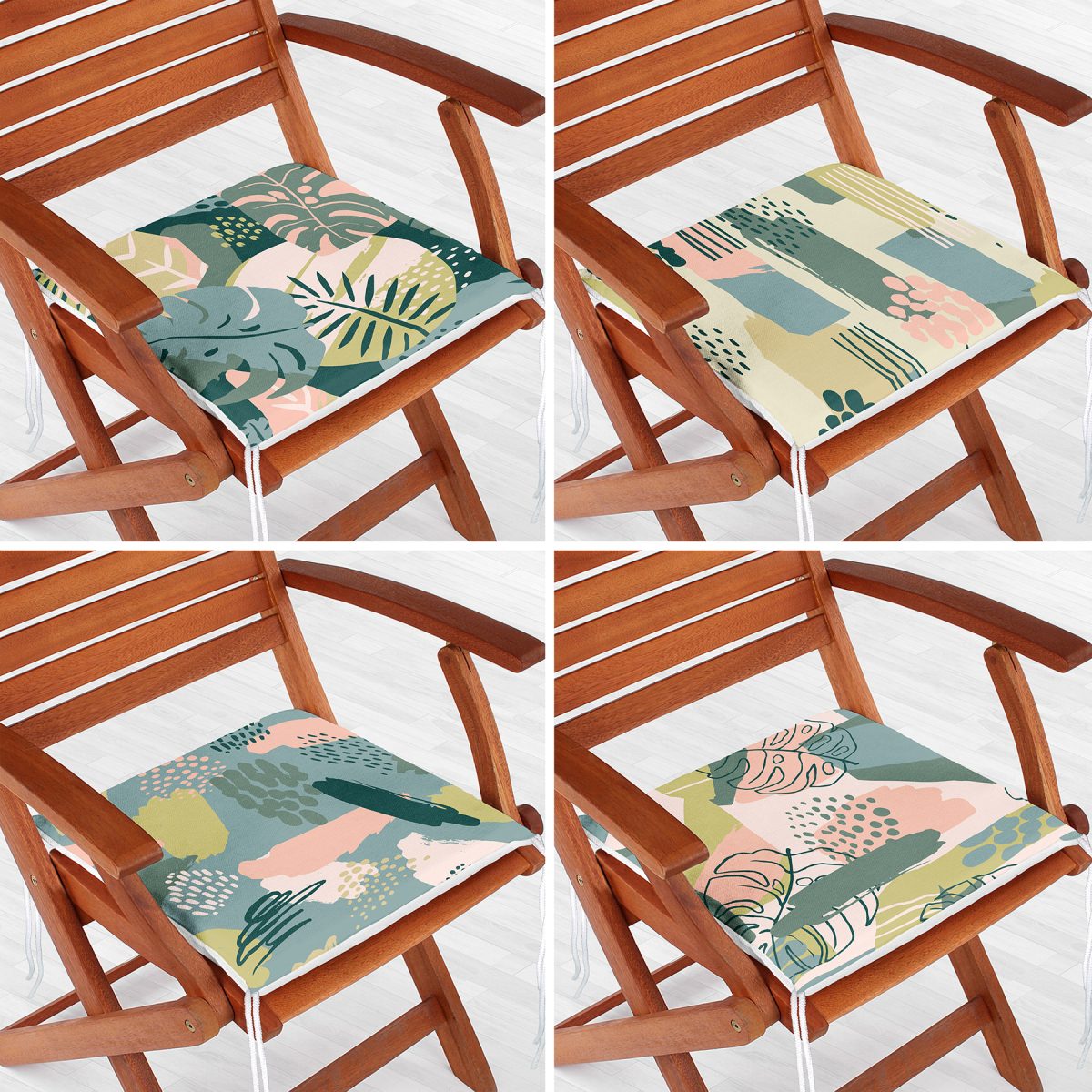 4'lü Renkli Zemin Üzerinde Onedraw Çizimli Yaprak Desenli Modern Fermuarlı Sandalye Minderi Seti Realhomes